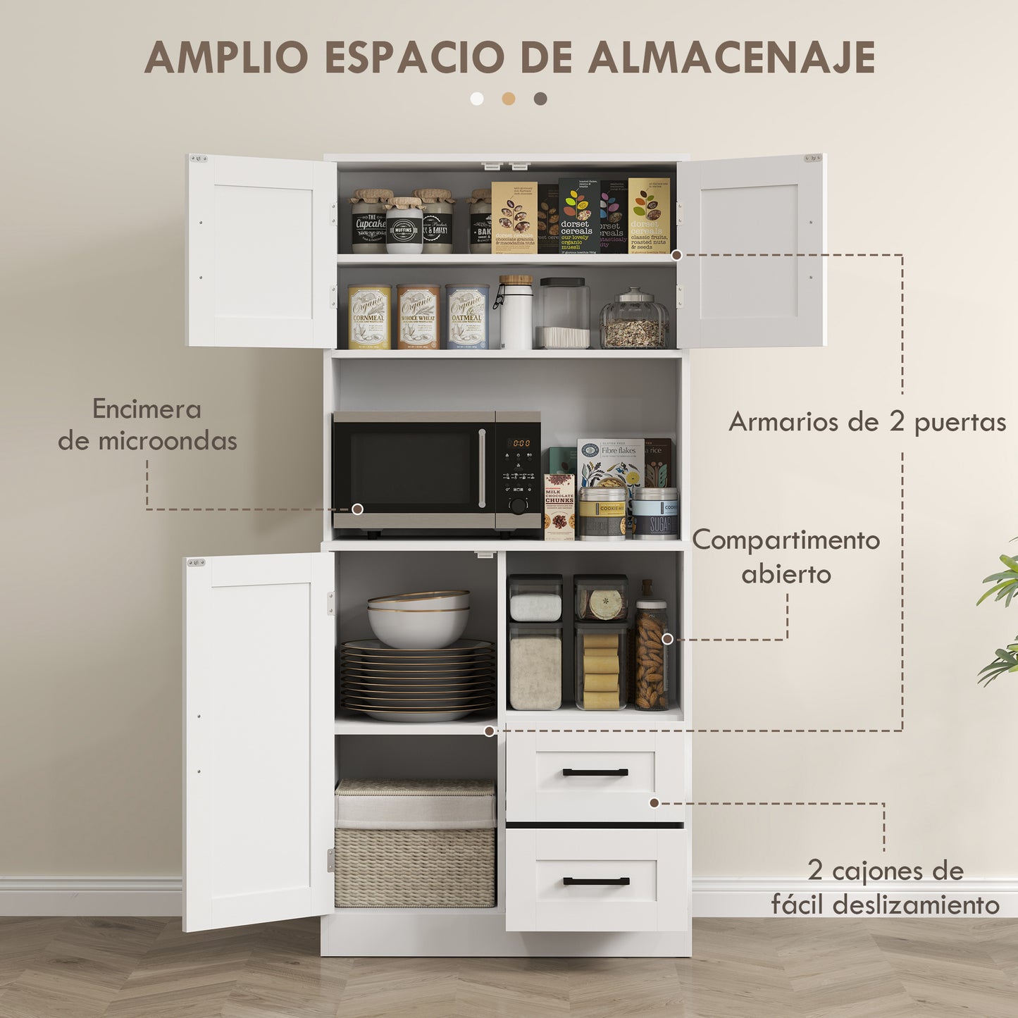 HOMCOM Alacena de Cocina Rústico Armario de Cocina Mueble Auxiliar de Cocina con Puertas Compartimentos Abiertos Cajones y Estantes Ajustables Antivuelco para Comedor Salón 70x40x180 cm Blanco