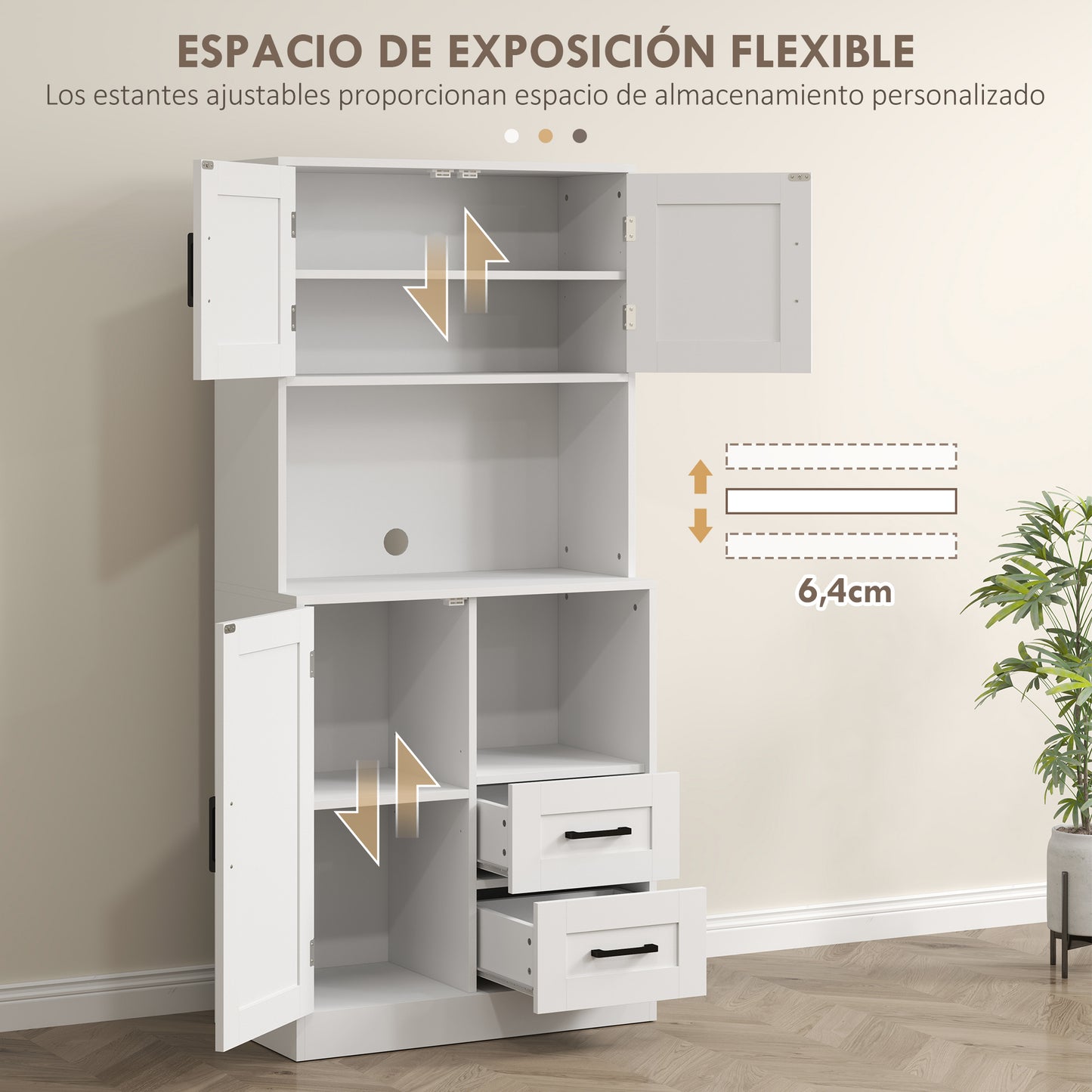 HOMCOM Alacena de Cocina Rústico Armario de Cocina Mueble Auxiliar de Cocina con Puertas Compartimentos Abiertos Cajones y Estantes Ajustables Antivuelco para Comedor Salón 70x40x180 cm Blanco