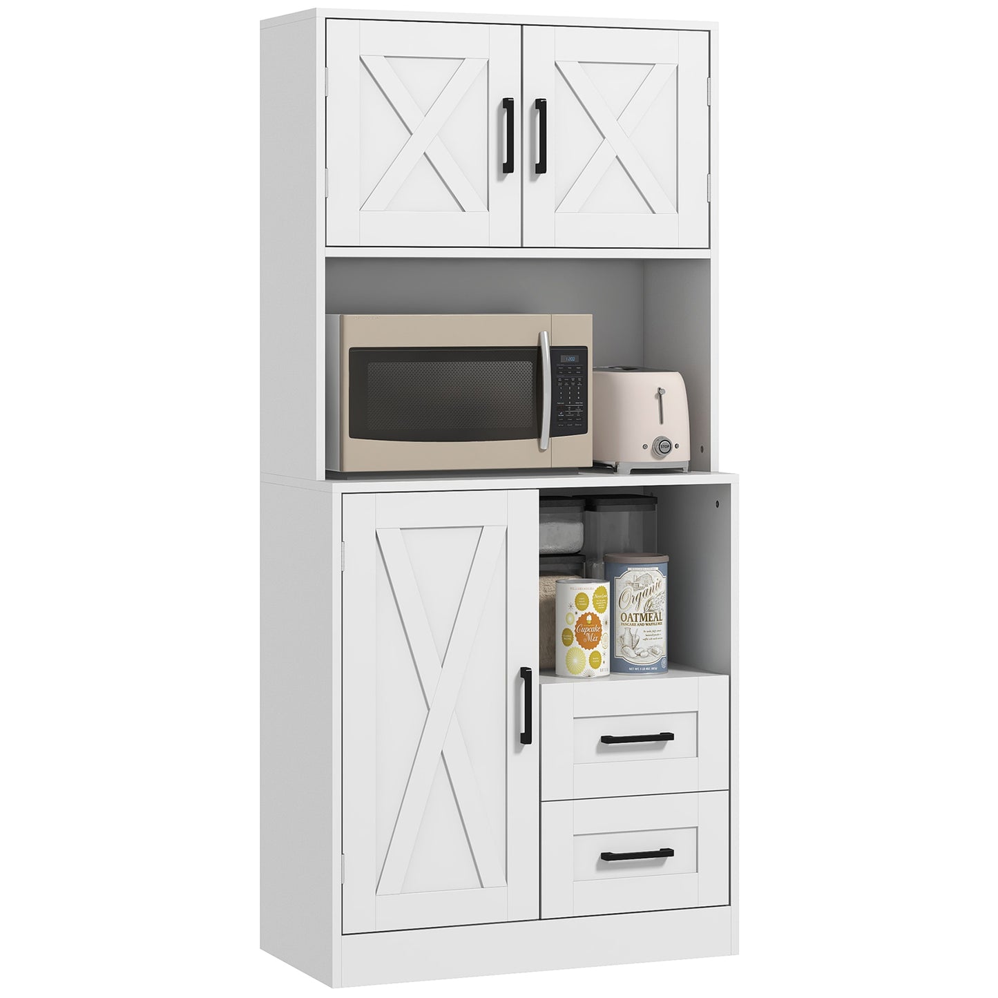 HOMCOM Alacena de Cocina Rústico Armario de Cocina Mueble Auxiliar de Cocina con Puertas Compartimentos Abiertos Cajones y Estantes Ajustables Antivuelco para Comedor Salón 70x40x180 cm Blanco