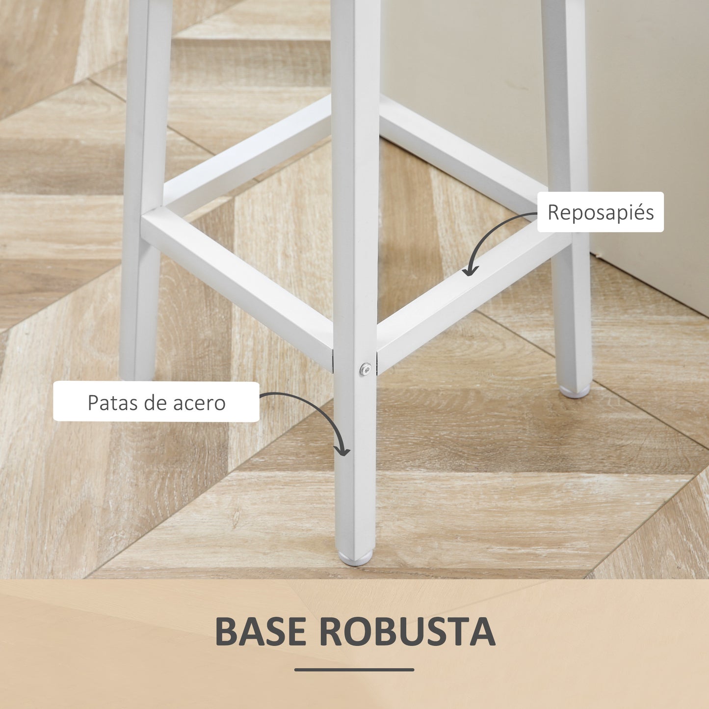 HOMCOM Conjunto de 4 Taburetes de Bar Taburetes Altos de Cocina con Patas de Acero y Reposapiés Carga 75 kg para Salón Comedor 32,5x32,5x65 cm Natural y Blanco