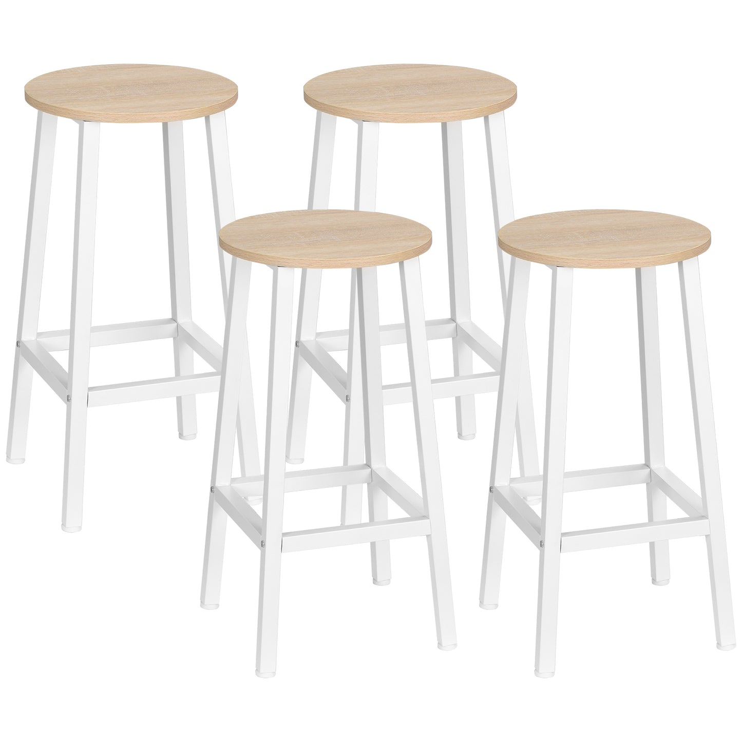 HOMCOM Conjunto de 4 Taburetes de Bar Taburetes Altos de Cocina con Patas de Acero y Reposapiés Carga 75 kg para Salón Comedor 32,5x32,5x65 cm Natural y Blanco