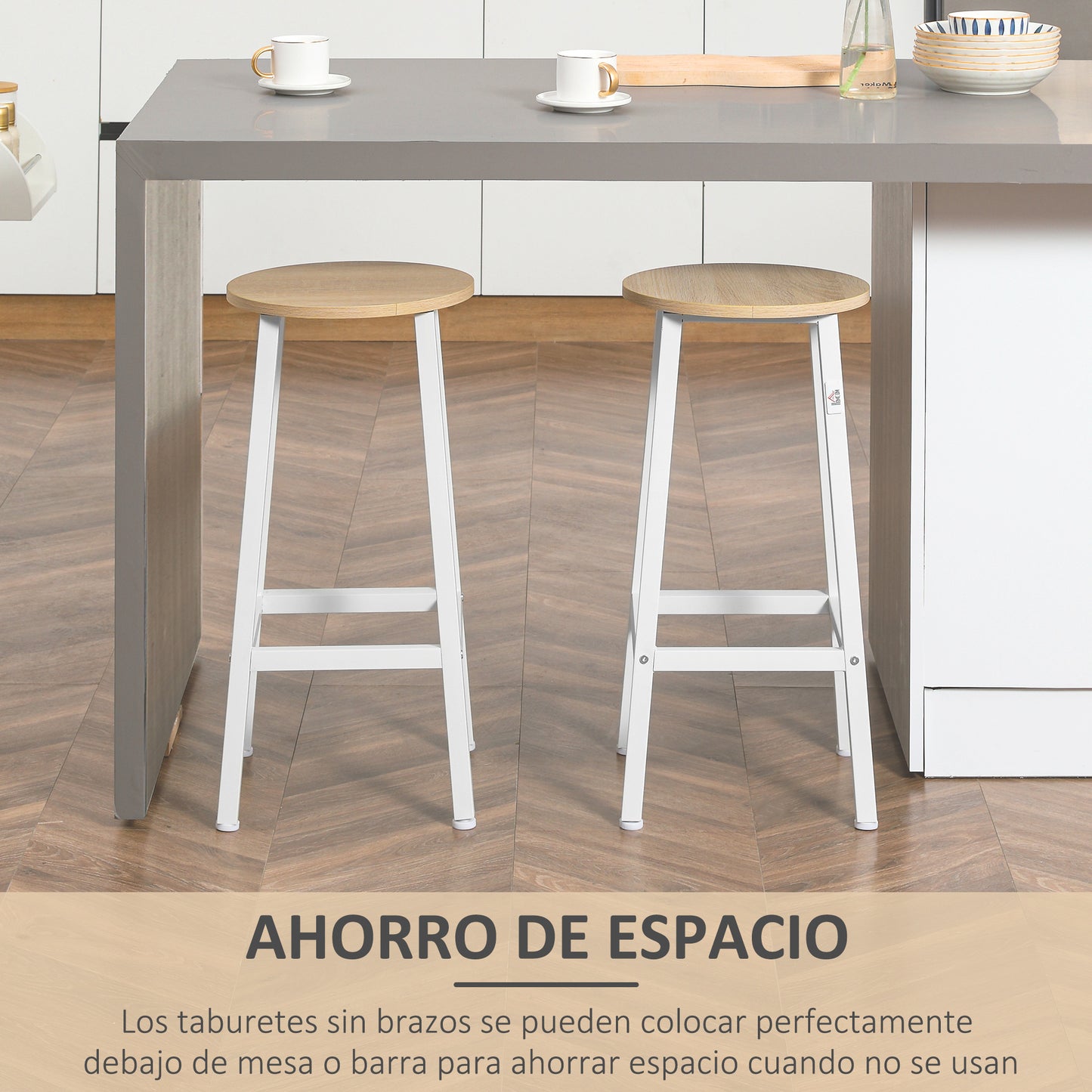 HOMCOM Conjunto de 4 Taburetes de Bar Taburetes Altos de Cocina con Patas de Acero y Reposapiés Carga 75 kg para Salón Comedor 32,5x32,5x65 cm Natural y Blanco