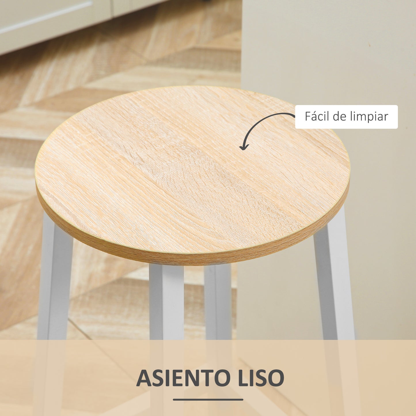 HOMCOM Conjunto de 4 Taburetes de Bar Taburetes Altos de Cocina con Patas de Acero y Reposapiés Carga 75 kg para Salón Comedor 32,5x32,5x65 cm Natural y Blanco