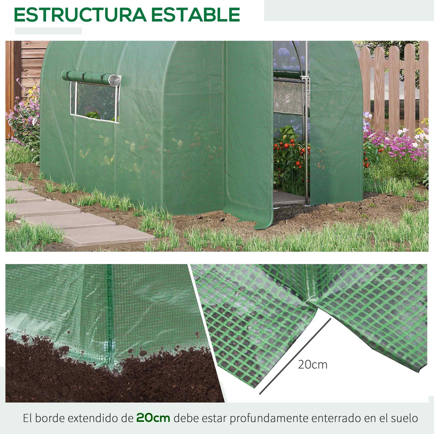 Outsunny Invernadero de Túnel 3x2x2 m con Puerta y Ventanas Función de Drenaje Invernadero de Jardín Grande con Cubierta de PE 140 g/㎡ y Metal Galvanizado para Cultivos Plantas Verduras Verde