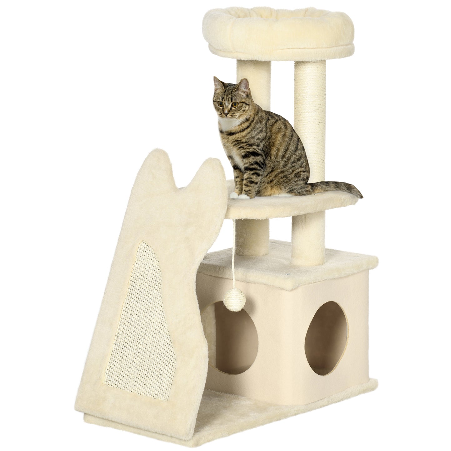 PawHut Árbol Rascador para Gatos Pequeños Altura 83 cm Torre para Gatos con Cama Cueva Plataforma Bola Colgante Postes y Rampa de Sisal 60x30x83 cm Beige