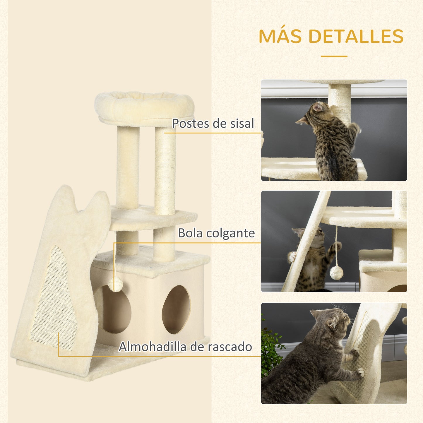 PawHut Árbol Rascador para Gatos Pequeños Altura 83 cm Torre para Gatos con Cama Cueva Plataforma Bola Colgante Postes y Rampa de Sisal 60x30x83 cm Beige