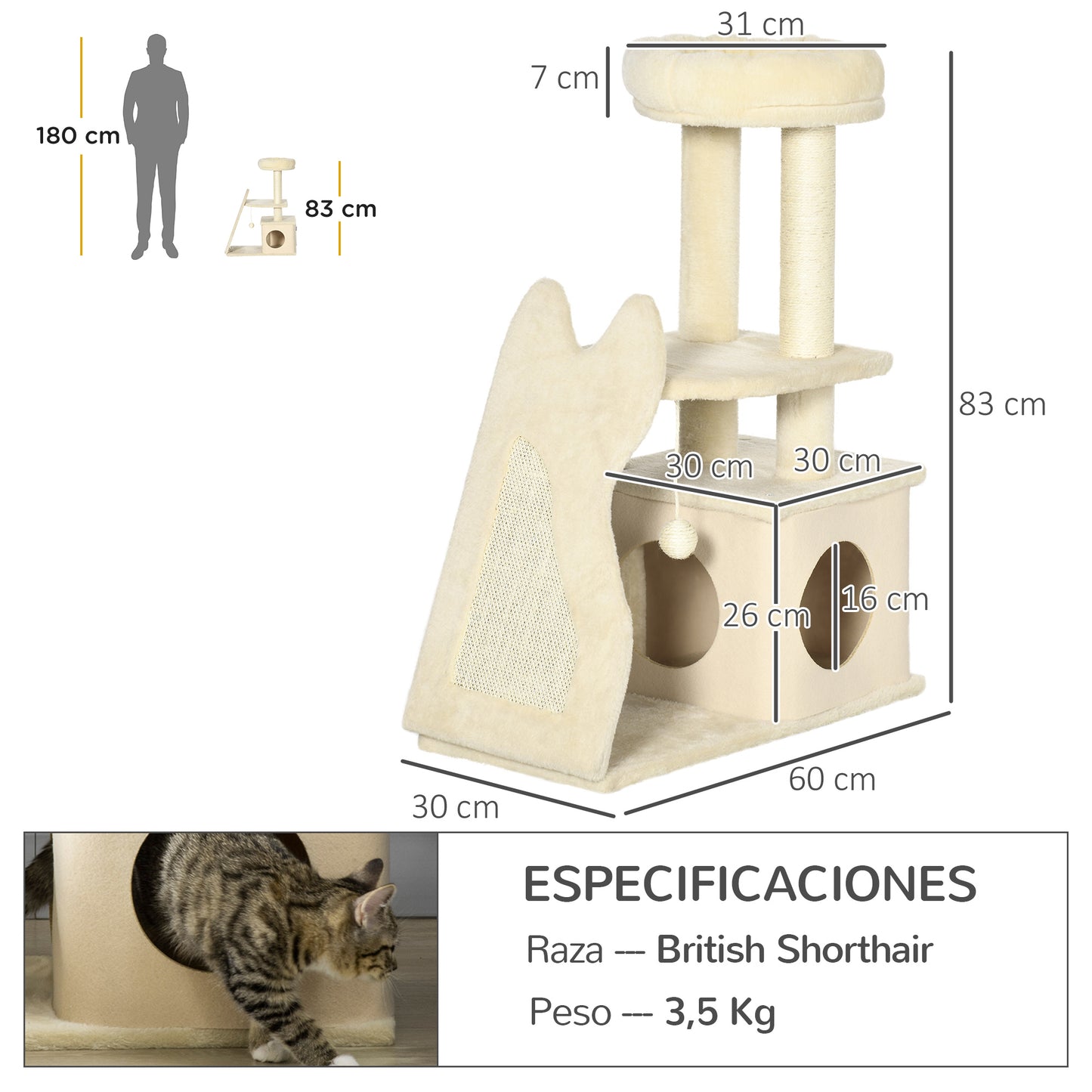 PawHut Árbol Rascador para Gatos Pequeños Altura 83 cm Torre para Gatos con Cama Cueva Plataforma Bola Colgante Postes y Rampa de Sisal 60x30x83 cm Beige