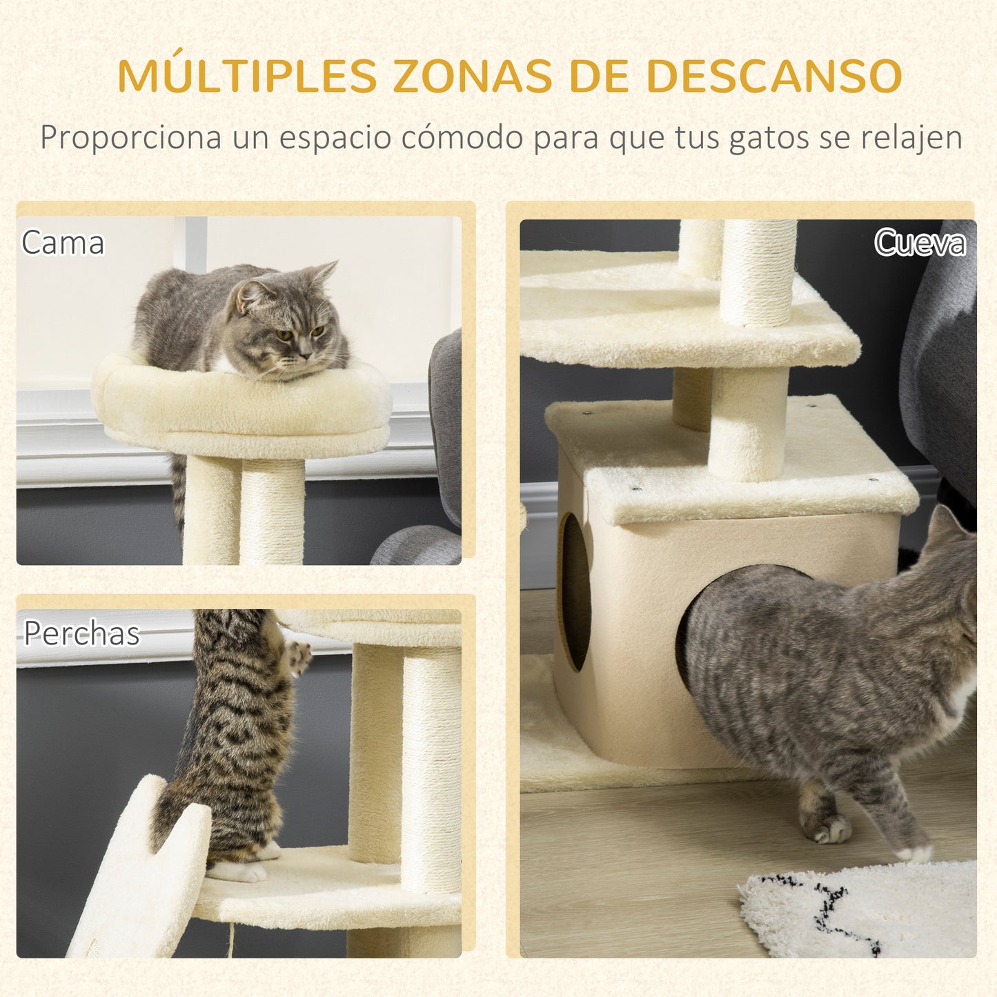 PawHut Árbol Rascador para Gatos Pequeños Altura 83 cm Torre para Gatos con Cama Cueva Plataforma Bola Colgante Postes y Rampa de Sisal 60x30x83 cm Beige