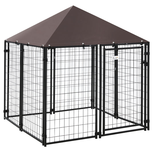 PawHut Perrera de Exterior con Techo 141x141x153 cm Corral para Perros de Jardín Parque para Mascotas con Malla de Metal y Puerta con Cerradura para Terraza Balcón Patio Negro