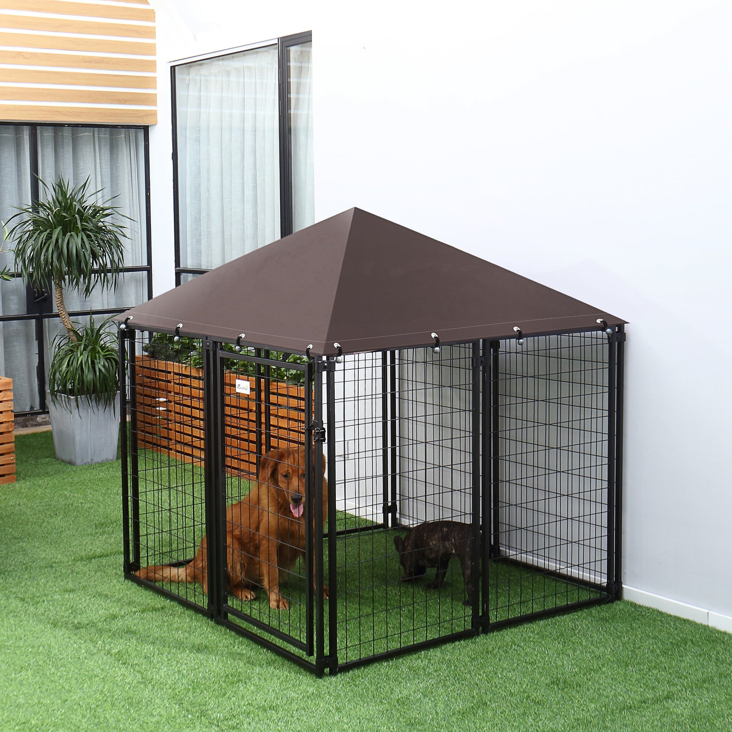 PawHut Perrera de Exterior con Techo 141x141x153 cm Corral para Perros de Jardín Parque para Mascotas con Malla de Metal y Puerta con Cerradura para Terraza Balcón Patio Negro