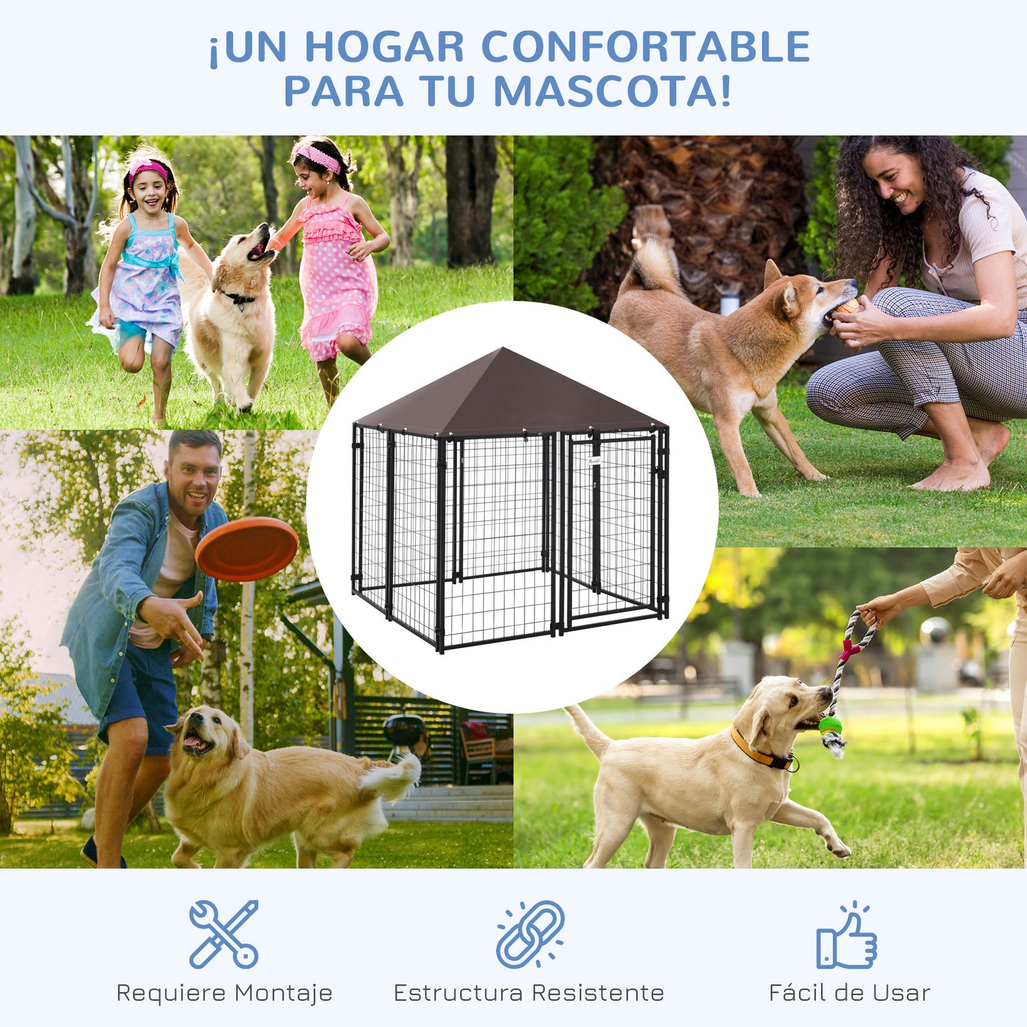 PawHut Perrera de Exterior con Techo 141x141x153 cm Corral para Perros de Jardín Parque para Mascotas con Malla de Metal y Puerta con Cerradura para Terraza Balcón Patio Negro