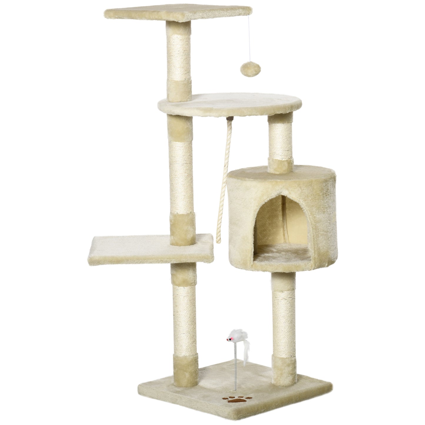 PawHut Árbol para Gatos Rascador 116 cm de 4 Pisos con Poste para Arañar Cueva Espaciosa Múltiples Plataformas Juguetes Divertidos 40x40x116 cm Beige