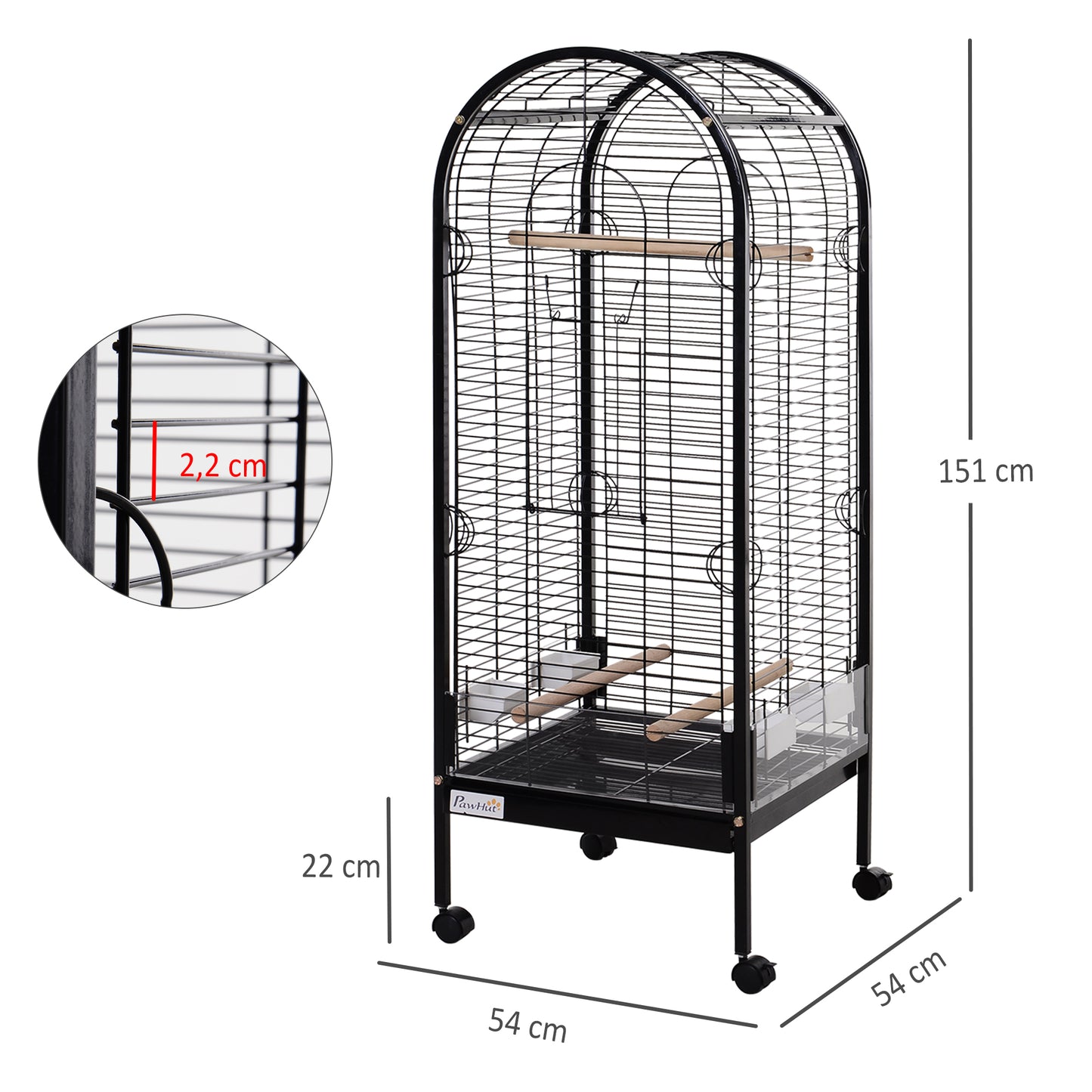 PawHut Jaula para Pájaro Metálica con 3 Perchas de Madera Extraíbles Espaciosa para Loros Canarios Cotorra Papagayo con 4 Ruedas 54x54x151 cm Negro