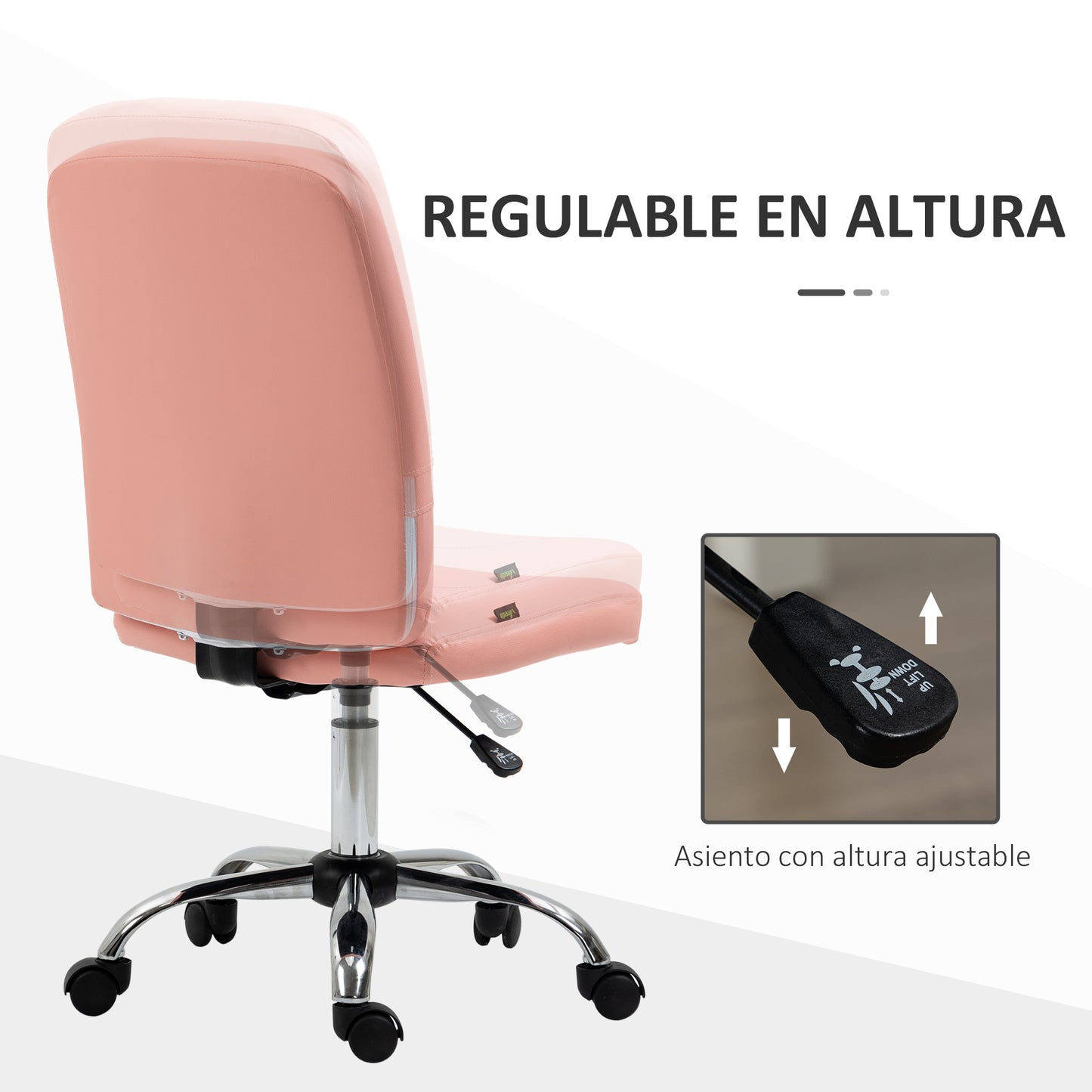 Vinsetto Silla de Oficina sin Brazos Silla de Escritorio Giratorio de Piel Sintética con Altura Ajustable Estilo Moderno Carga 120 kg 45x59x90-100 cm Rosa