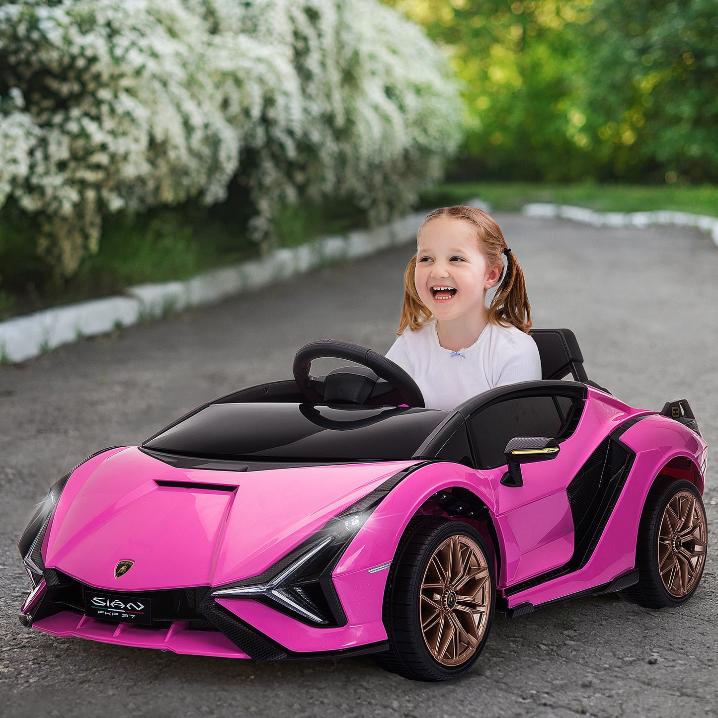 HOMCOM Coche Eléctrico Lamborghini SIAN 12V para Niños de +3 Años con Mando a Distancia Apertura de Puerta Música MP3 USB y Faros 3-5 km/h 108x62x40 cm Rosa