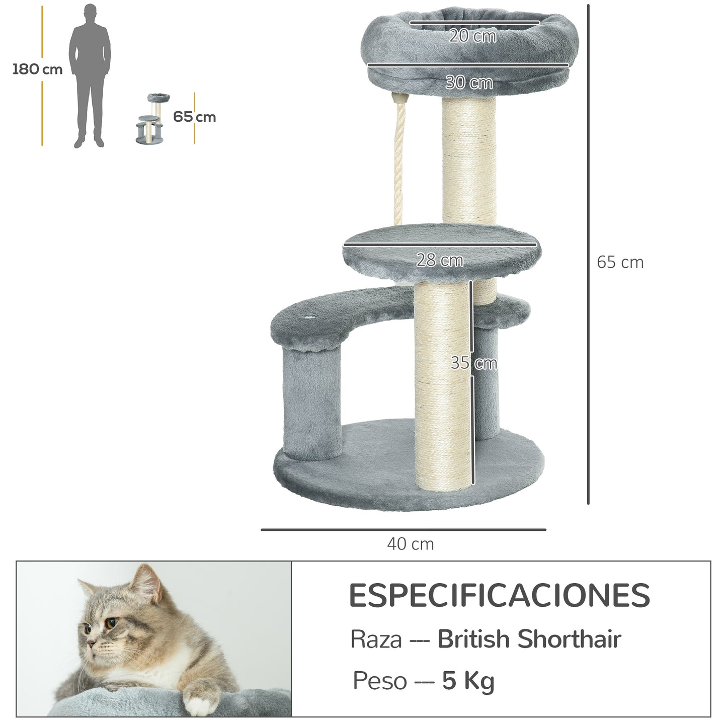 PawHut Árbol Rascador para Gato Ø40x65 cm Torre para Gatos con 3 Niveles Cuerda Colgante Plataformas en Felpa y Postes con Cuerda de Sisal Natural y Gris