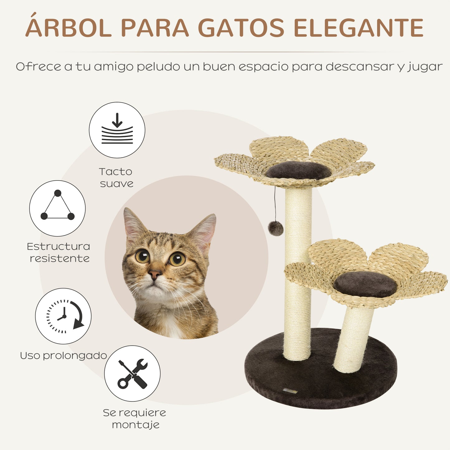 PawHut Árbol Rascador para Gatos Mediano Altura 69 cm Torre para Gatos con Cama de Flores Poste de Sisal y Bola Colgante para Jugar 50x50x69 cm Marrón y Beige