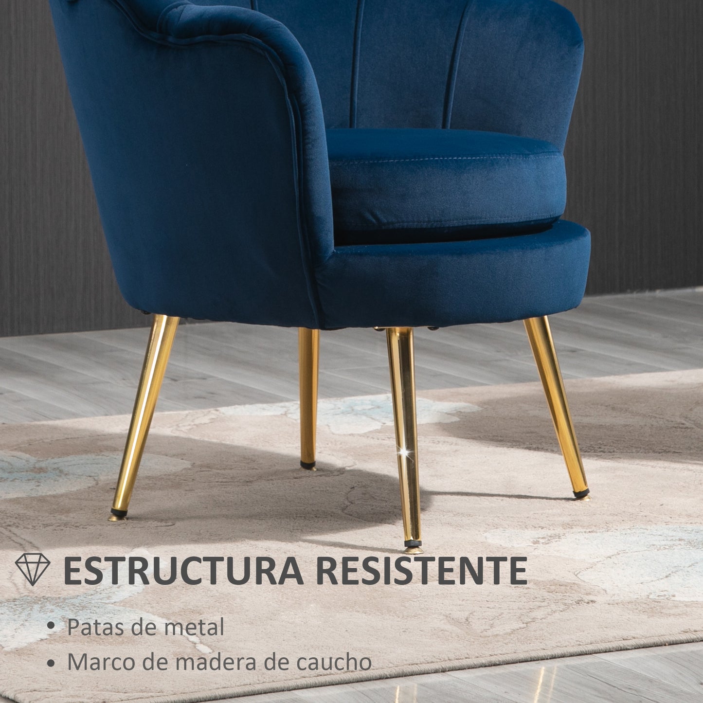 HOMCOM Butaca de Salón Tapizada en Terciopelo Sillón Butaca de Dormitorio con Respaldo en Forma de Concha y Patas Doradas para Comedor 76x67x74 cm Azul