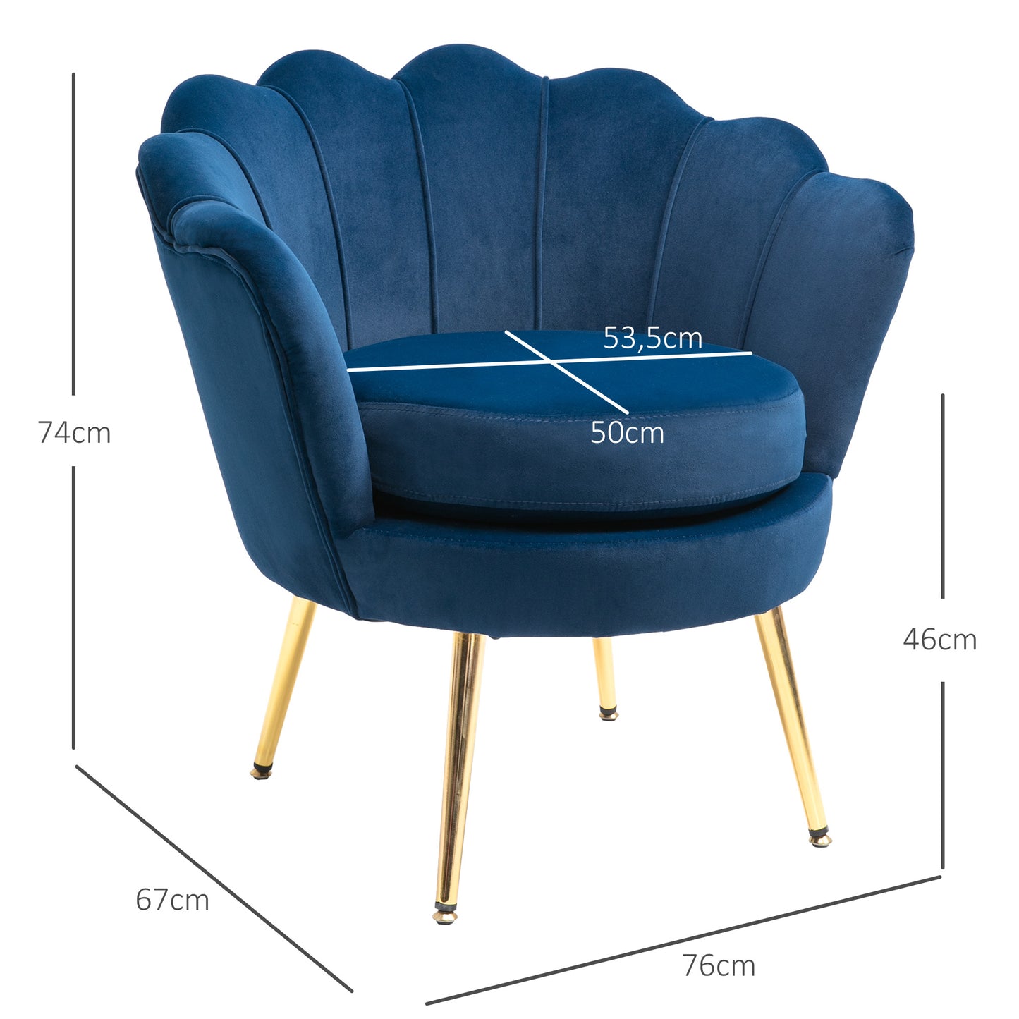 HOMCOM Butaca de Salón Tapizada en Terciopelo Sillón Butaca de Dormitorio con Respaldo en Forma de Concha y Patas Doradas para Comedor 76x67x74 cm Azul