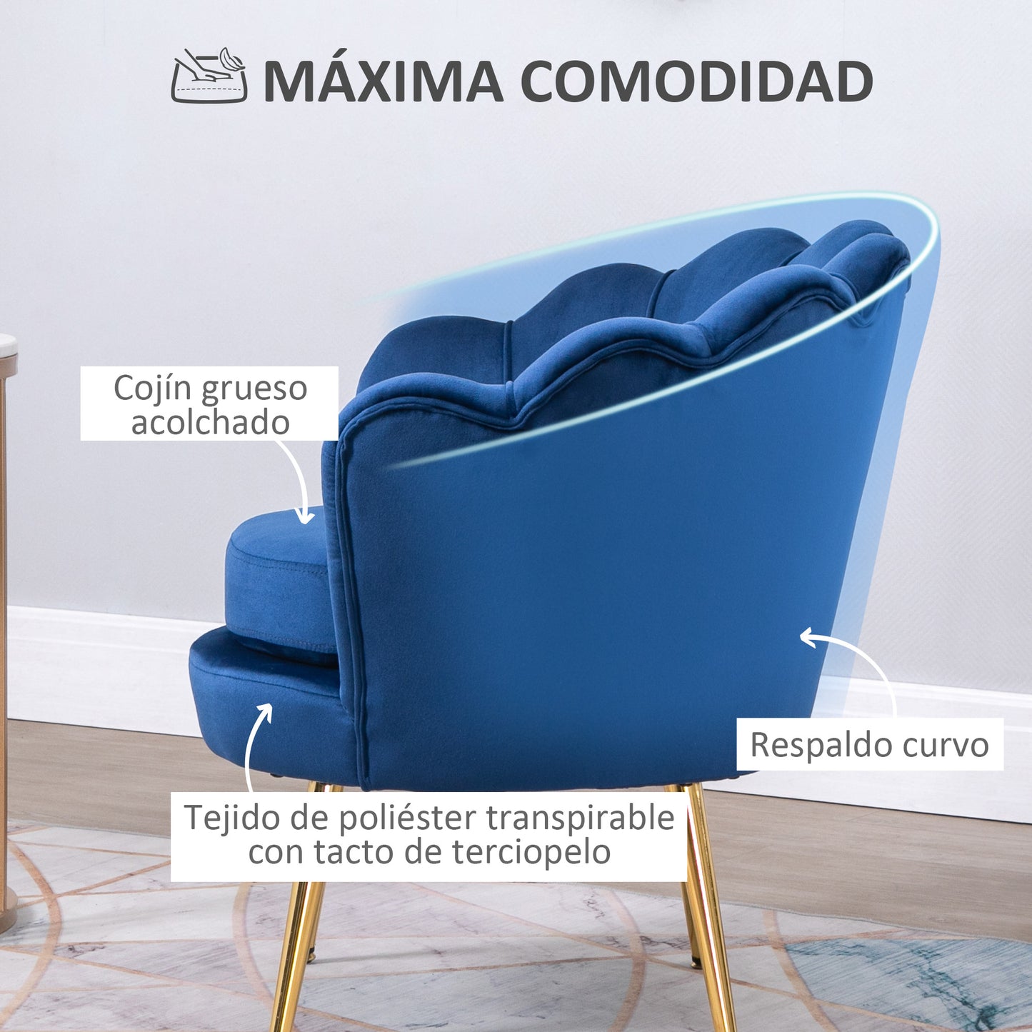 HOMCOM Butaca de Salón Tapizada en Terciopelo Sillón Butaca de Dormitorio con Respaldo en Forma de Concha y Patas Doradas para Comedor 76x67x74 cm Azul