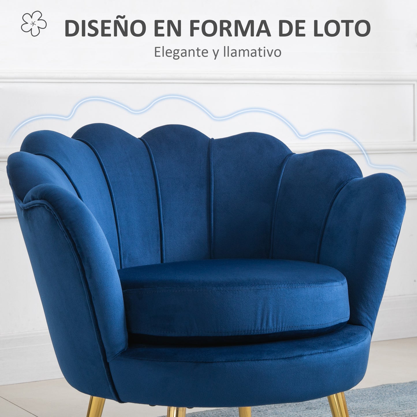 HOMCOM Butaca de Salón Tapizada en Terciopelo Sillón Butaca de Dormitorio con Respaldo en Forma de Concha y Patas Doradas para Comedor 76x67x74 cm Azul