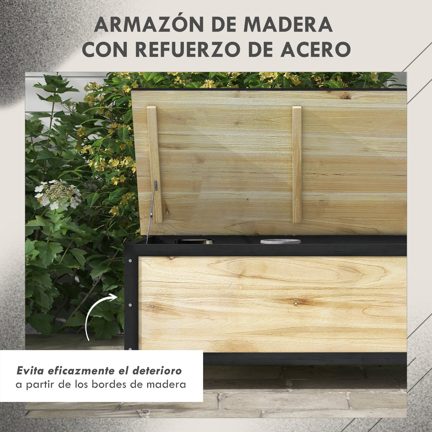 Outsunny Baúl de Exterior Arcón Almacenaje de Madera con 4 Ruedas para Jardín Patio Balcón 100x50x43 cm Natural y Negro