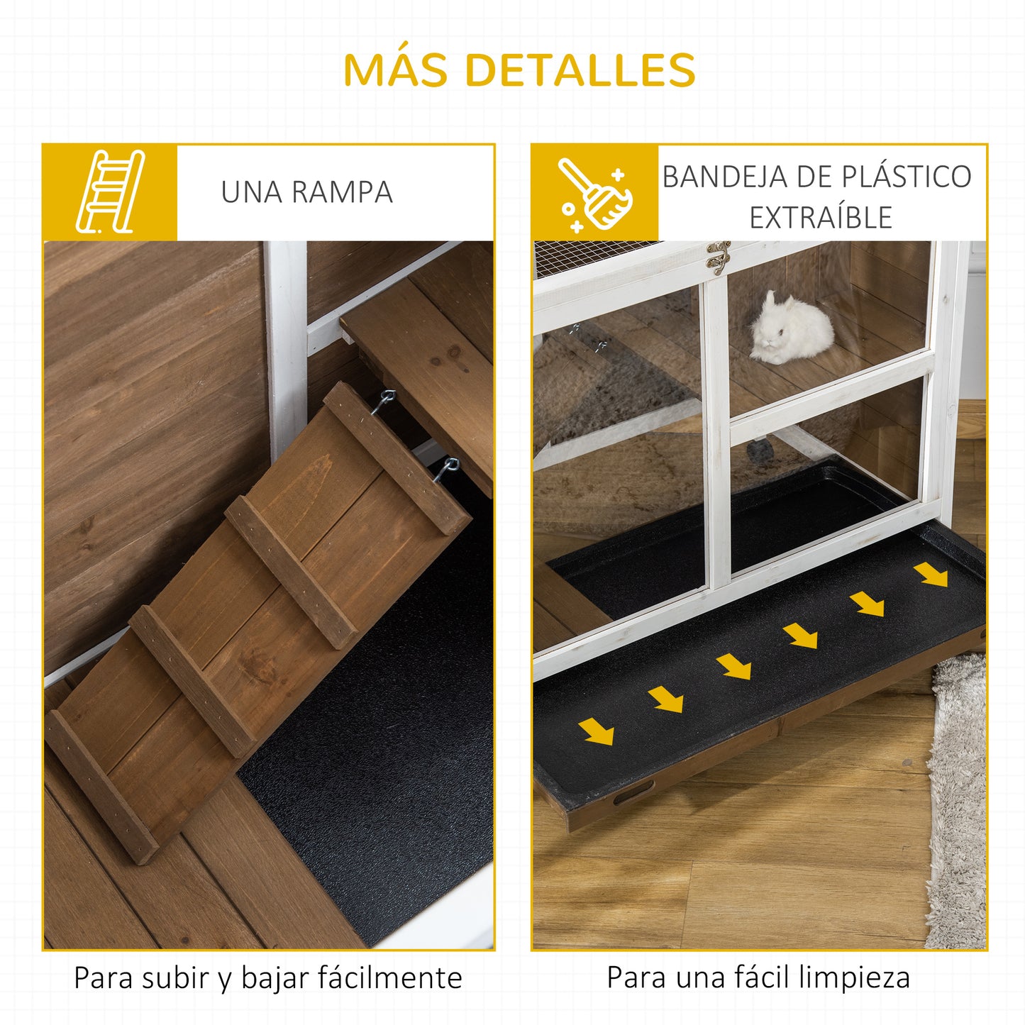 PawHut Conejera de Madera con Ruedas 91,5x53,3x73 cm Jaula para Conejos de 2 Niveles con Techo Abatible Bandeja Extraíble y Rampa Marrón