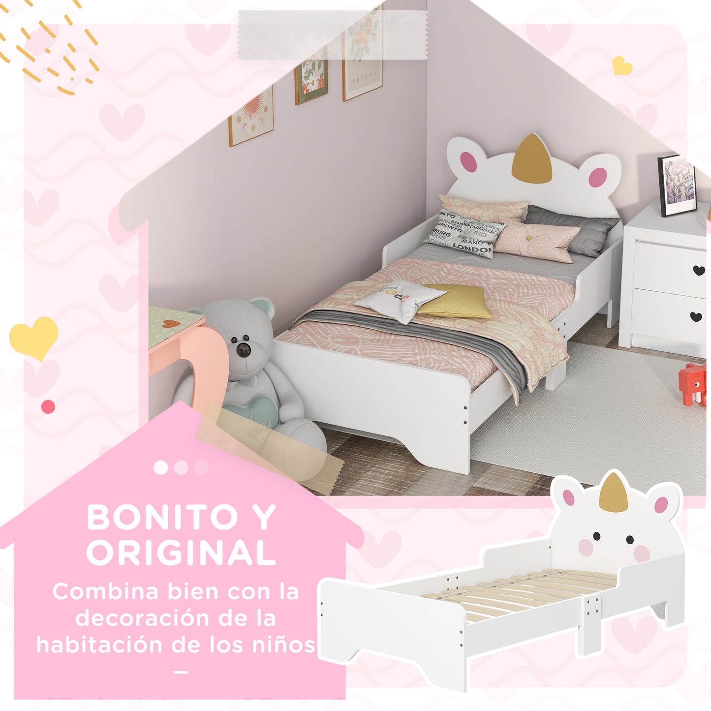 ZONEKIZ Cama para Niños de 3-6 Años 143x74x67 cm Cama Infantil de Madera en Forma de Unicornio Mueble de Dormitorio Moderno Carga 80 kg Blanco