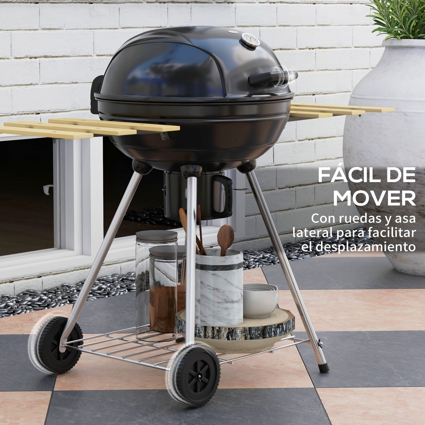 Outsunny Barbacoa de Carbón Barbacoa Portátil con 2 Ruedas Estantes Plegables Termómetro y Parrilla Metálica para Pícnic Camping 117x68x91 cm Negro