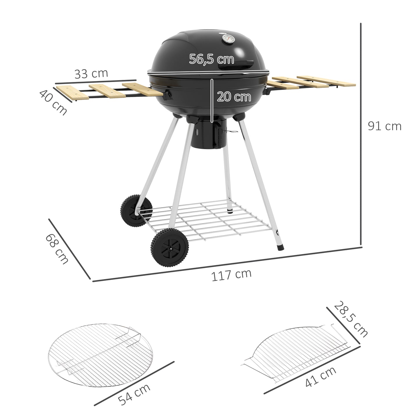 Outsunny Barbacoa de Carbón Barbacoa Portátil con 2 Ruedas Estantes Plegables Termómetro y Parrilla Metálica para Pícnic Camping 117x68x91 cm Negro