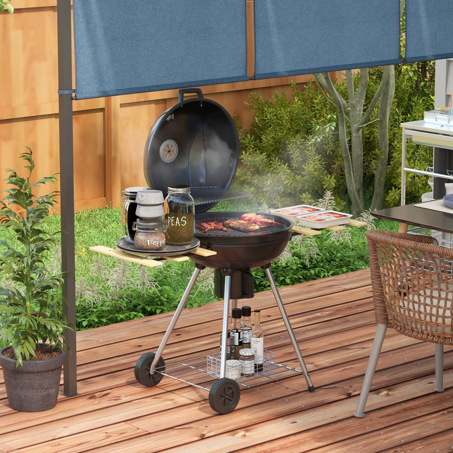 Outsunny Barbacoa de Carbón Barbacoa Portátil con 2 Ruedas Estantes Plegables Termómetro y Parrilla Metálica para Pícnic Camping 117x68x91 cm Negro