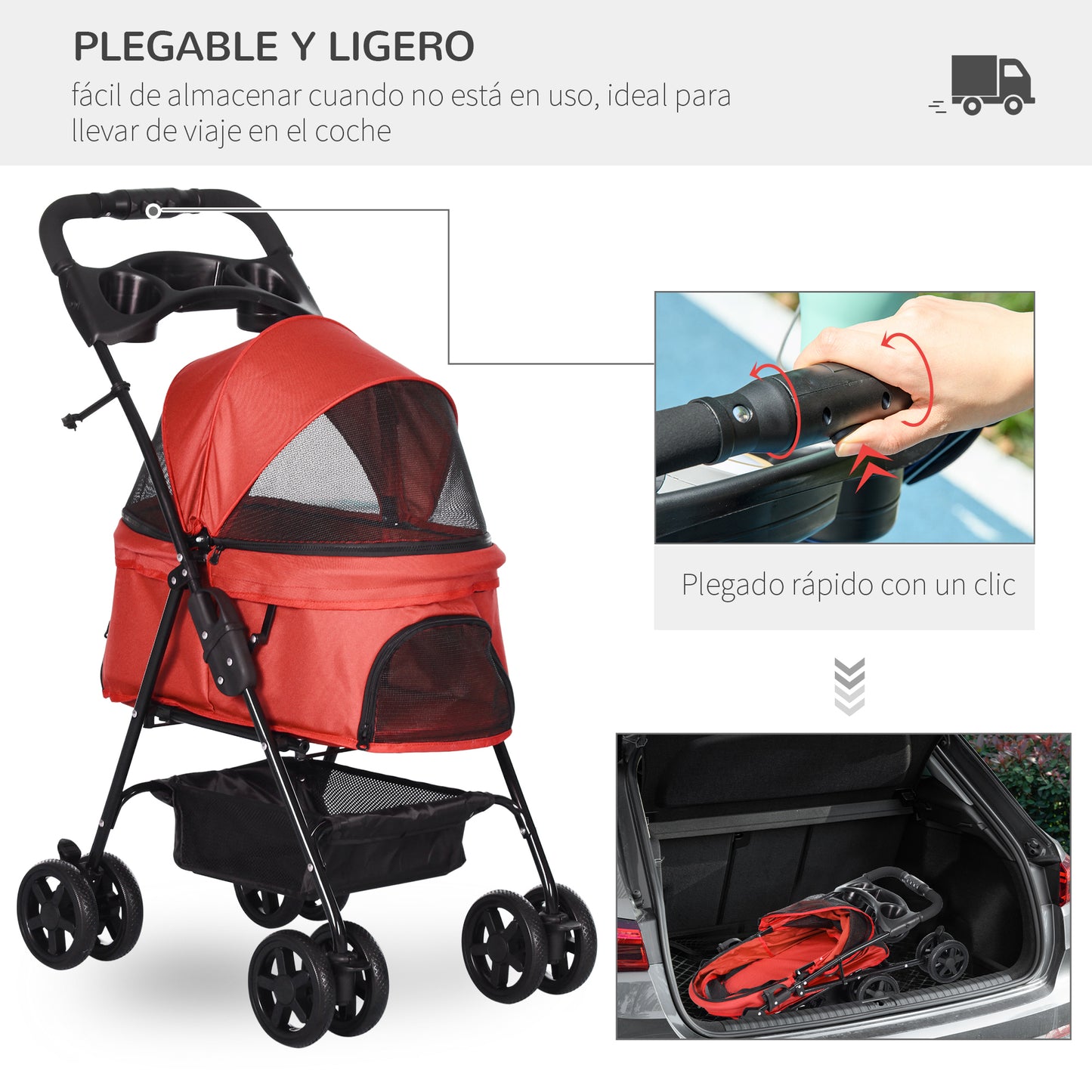 PawHut Cochecito para Perros Plegable Carrito para Perros Pequeños con Ruedas Universales Cesta de Almacenaje Correas de Seguridad y Ventanas 67x45x96 cm Rojo