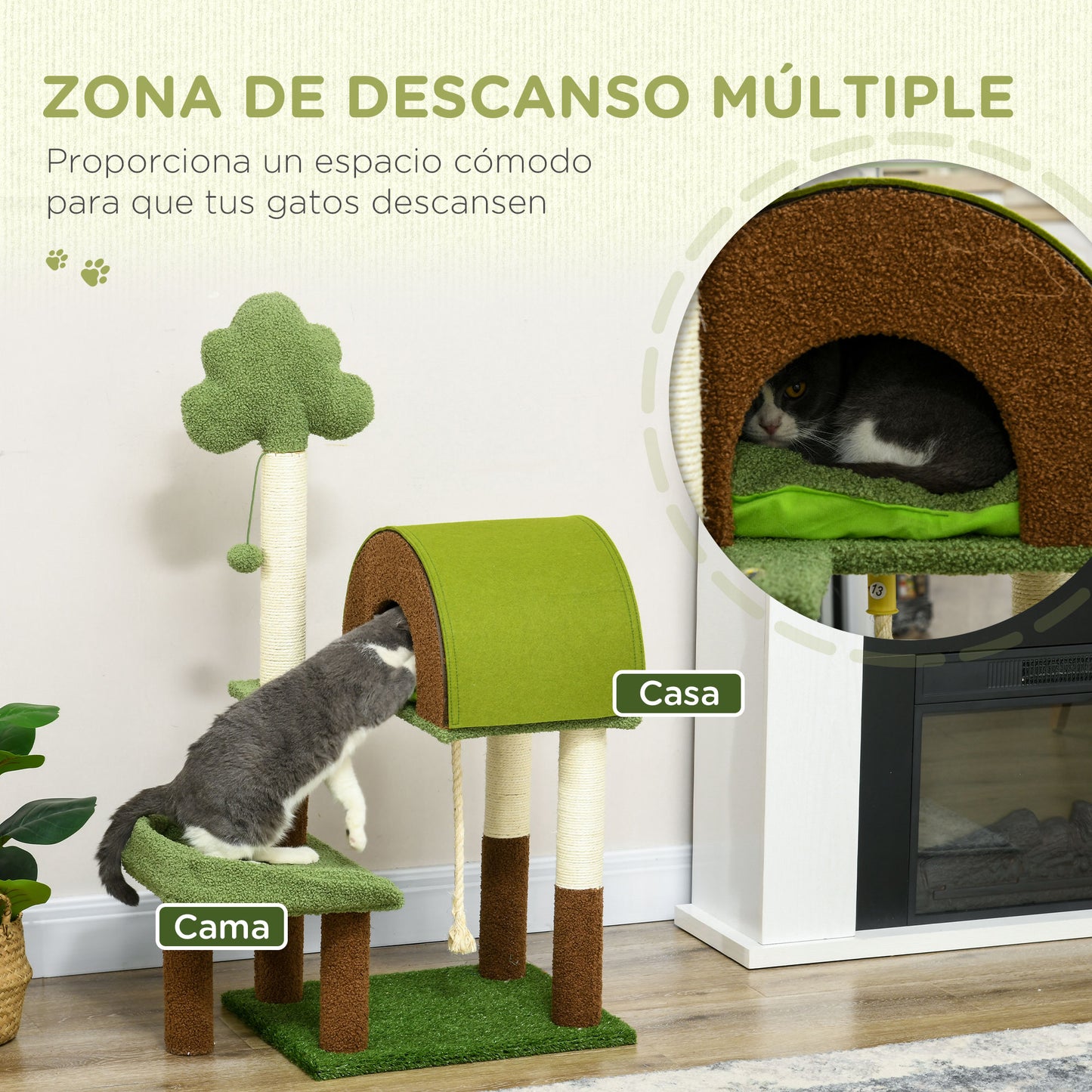 PawHut Árbol Rascador para Gatos Mediano 107 cm Torre para Gatos Centro de Actividades para Gatitos con Nido Poste de Sisal Césped Falso y Bola Colgante 49x40x107 cm Verde