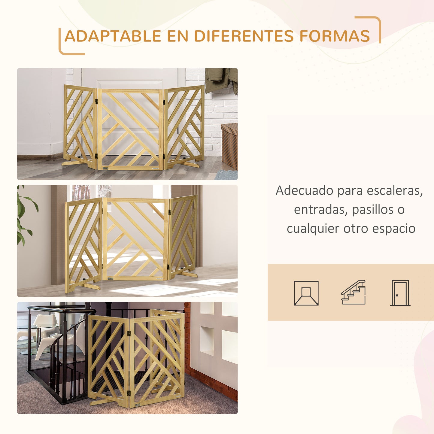 PawHut Barrera de Seguridad Plegable para Perros Rejilla de Madera para Escaleras y Puertas de 3 Paneles con Base Antideslizante y Patas 181x35x76 cm Natural