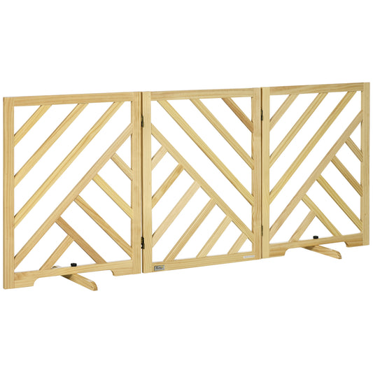 PawHut Barrera de Seguridad Plegable para Perros Rejilla de Madera para Escaleras y Puertas de 3 Paneles con Base Antideslizante y Patas 181x35x76 cm Natural