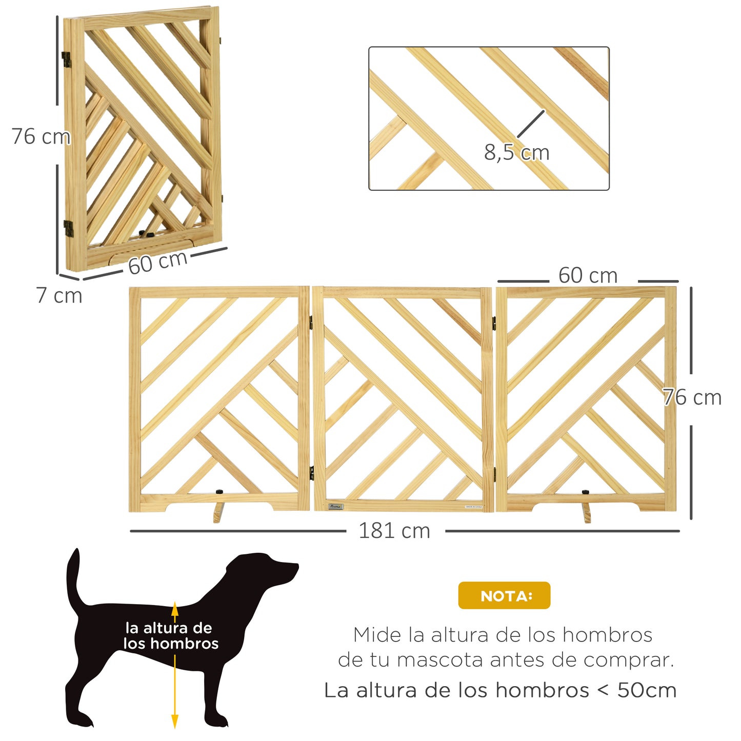 PawHut Barrera de Seguridad Plegable para Perros Rejilla de Madera para Escaleras y Puertas de 3 Paneles con Base Antideslizante y Patas 181x35x76 cm Natural