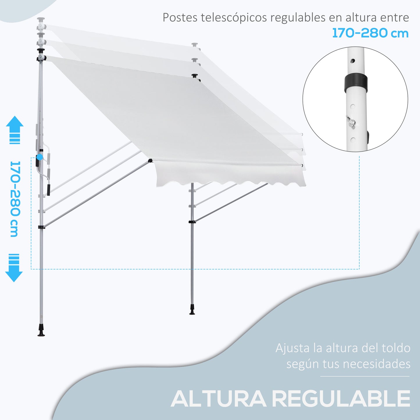 Outsunny Toldo Manual Retráctil 200x150x170-280 cm Toldo para Balcón con Altura Ajustable Manivela y Protección Solar para Terraza Jardín Blanco