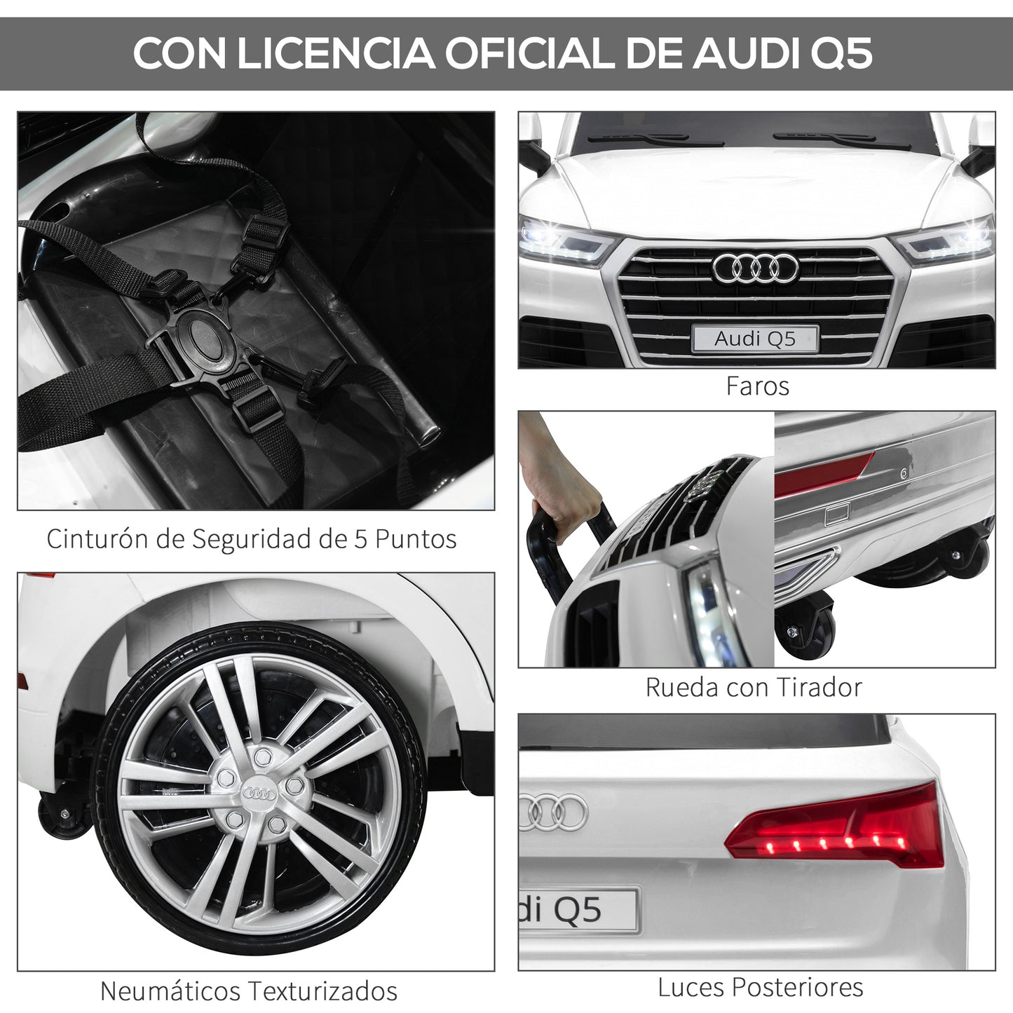 HOMCOM Coche Eléctrico para Niño +3 Años Audi Q5 con Mando a Distancia MP3 Luces y Sonidos Apertura de Puerta y Tirador Carga 30 kg 116x75x56 cm Blanco