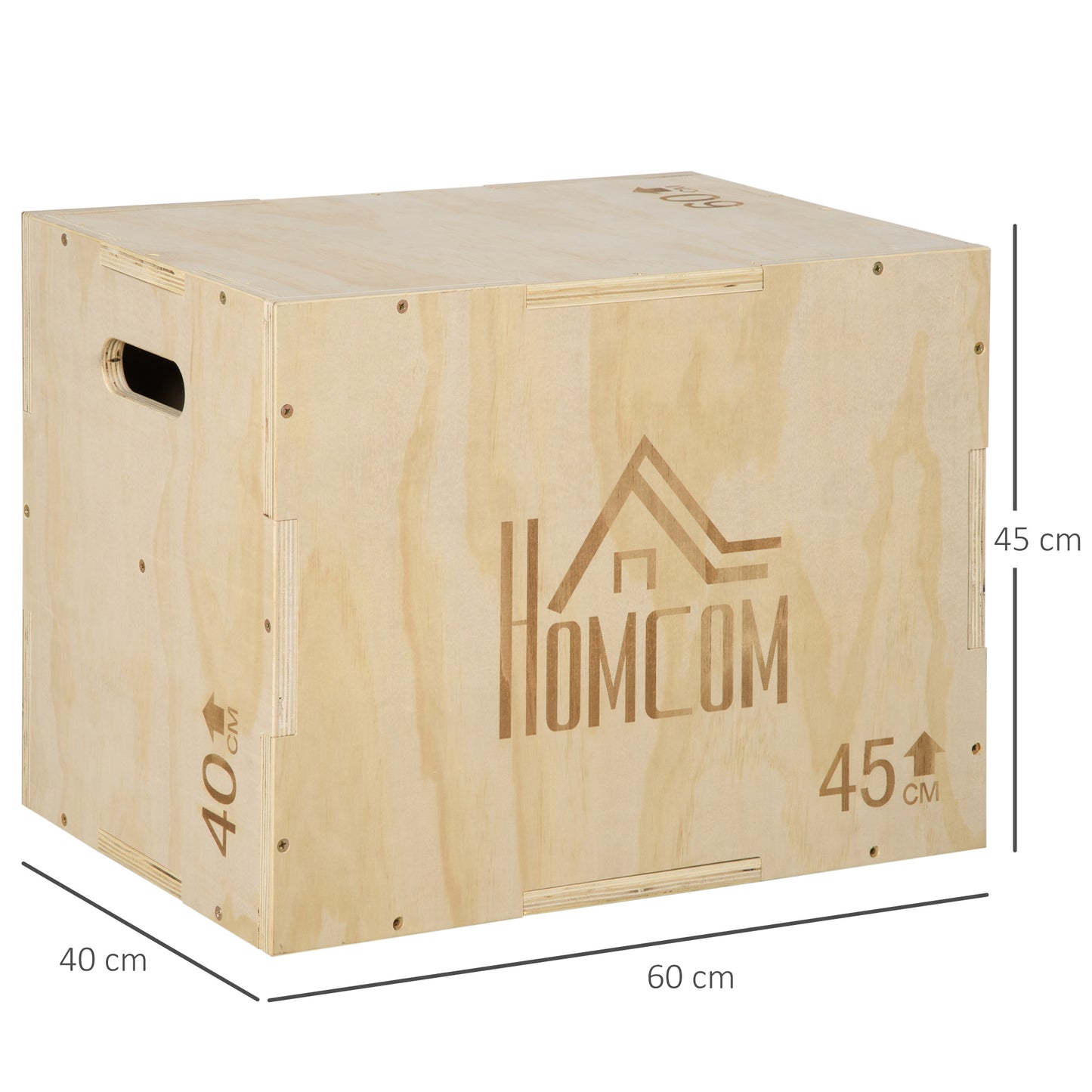 HOMCOM Caja Pliométrica de Madera 3 en 1 Caja de Salto con 2 Mango Hueco Entrenamiento de Fuerza en Casa Oficina Gimnasia CrossFit Carga 120 kg 45x40x60 cm Madera Natural