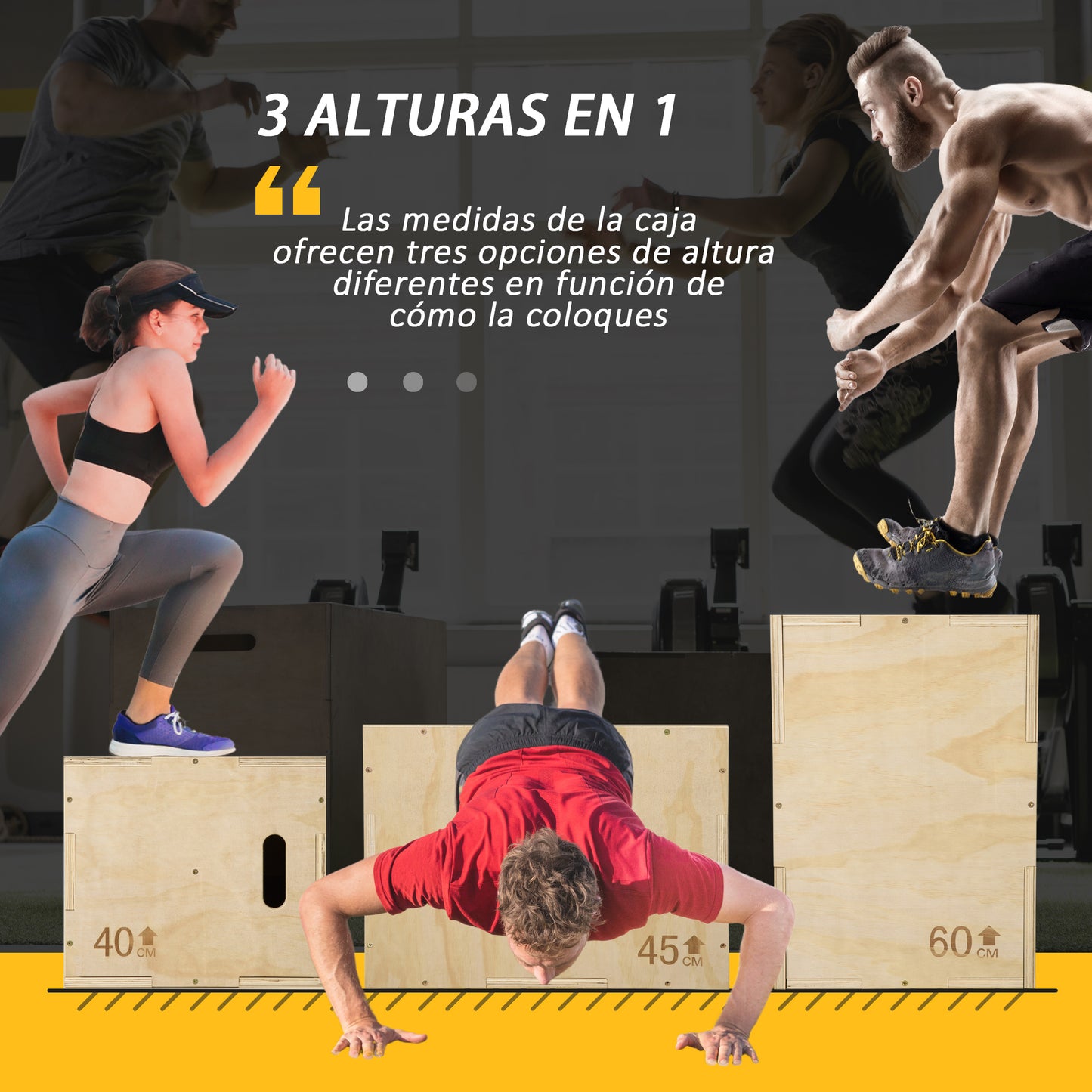 HOMCOM Caja Pliométrica de Madera 3 en 1 Caja de Salto con 2 Mango Hueco Entrenamiento de Fuerza en Casa Oficina Gimnasia CrossFit Carga 120 kg 45x40x60 cm Madera Natural