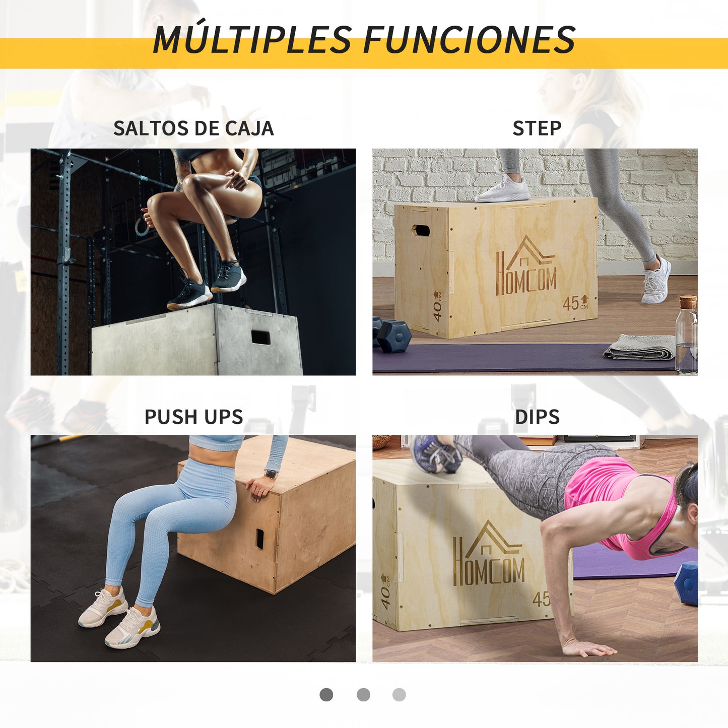 HOMCOM Caja Pliométrica de Madera 3 en 1 Caja de Salto con 2 Mango Hueco Entrenamiento de Fuerza en Casa Oficina Gimnasia CrossFit Carga 120 kg 45x40x60 cm Madera Natural