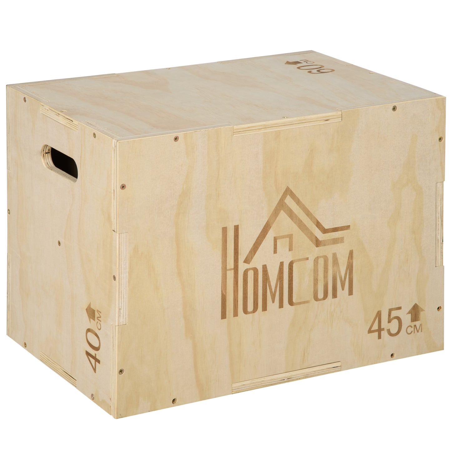 HOMCOM Caja Pliométrica de Madera 3 en 1 Caja de Salto con 2 Mango Hueco Entrenamiento de Fuerza en Casa Oficina Gimnasia CrossFit Carga 120 kg 45x40x60 cm Madera Natural