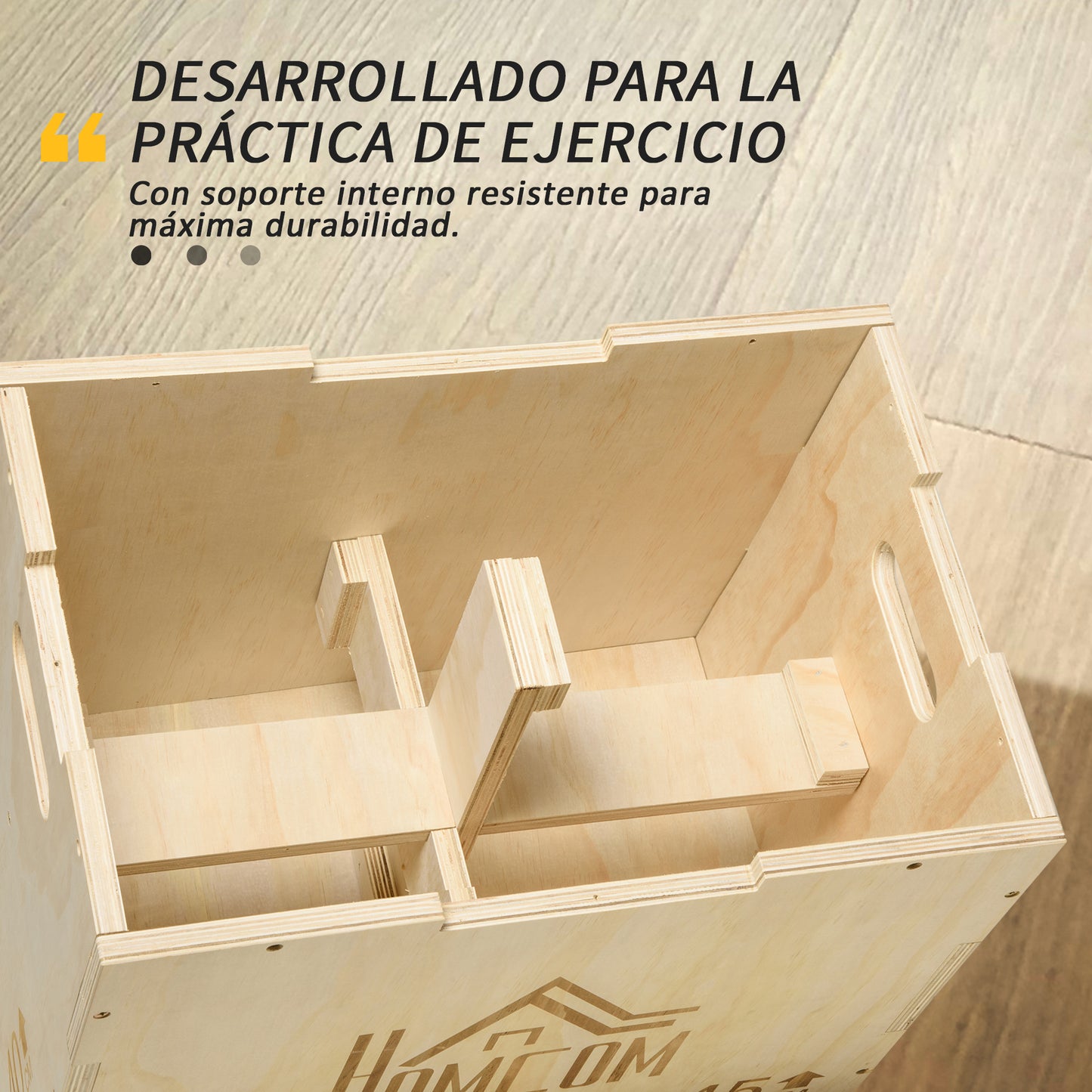 HOMCOM Caja Pliométrica de Madera 3 en 1 Caja de Salto con 2 Mango Hueco Entrenamiento de Fuerza en Casa Oficina Gimnasia CrossFit Carga 120 kg 45x40x60 cm Madera Natural