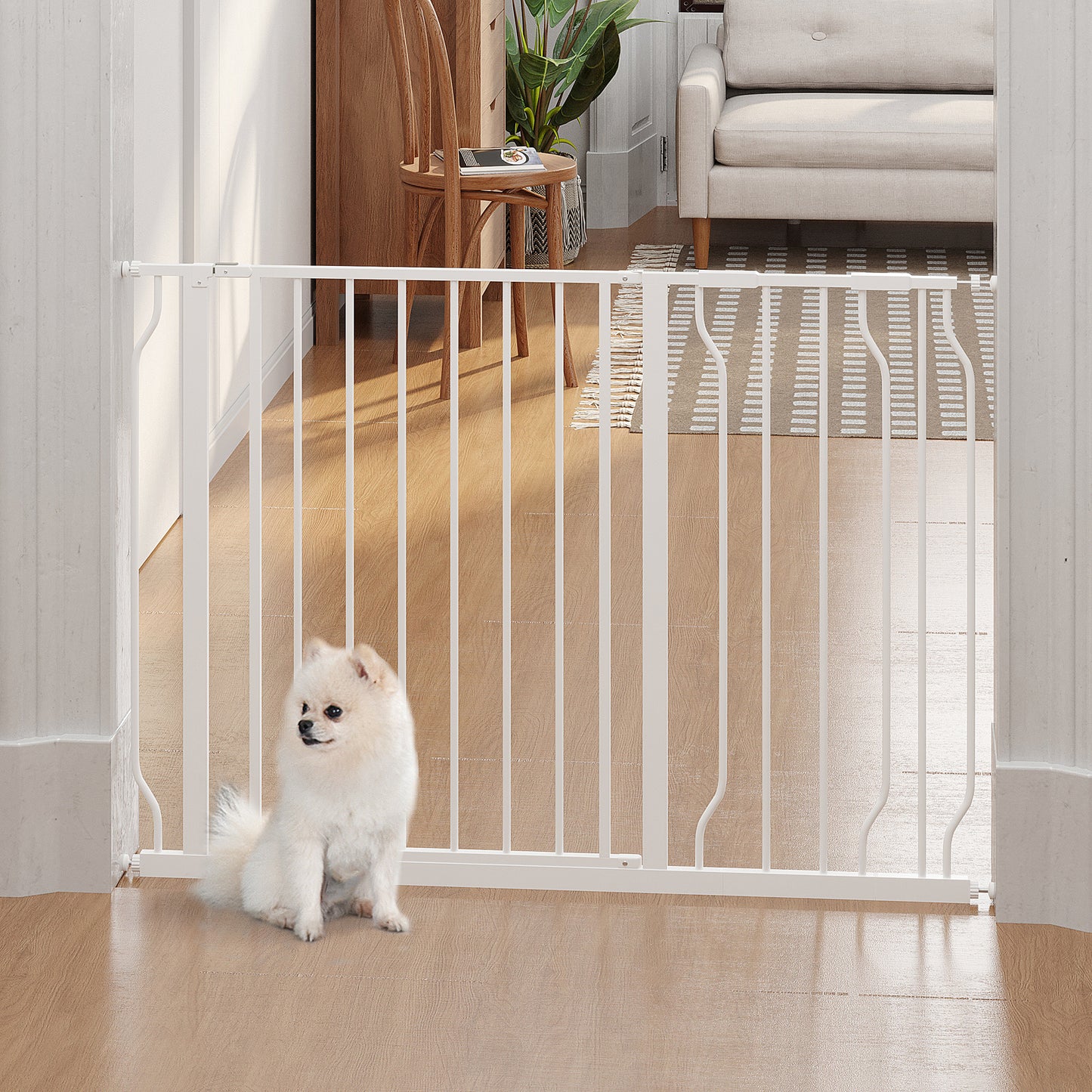 PawHut Barrera de Seguridad de Perros Extensible para Escaleras y Puertas 75-115 cm con Extensiones Montaje a Presión Acero Altura 76 cm Blanco