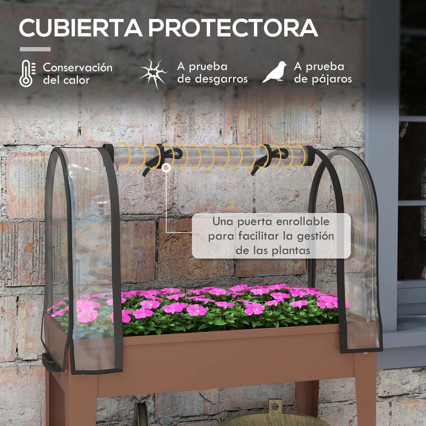 Outsunny Mesa de Cultivo con Ruedas 80x40x120 cm Huerto Urbano Elevado con Cubierta de Invernadero y Estante Inferior para Cultivo Plantas Flores Verduras Marrón