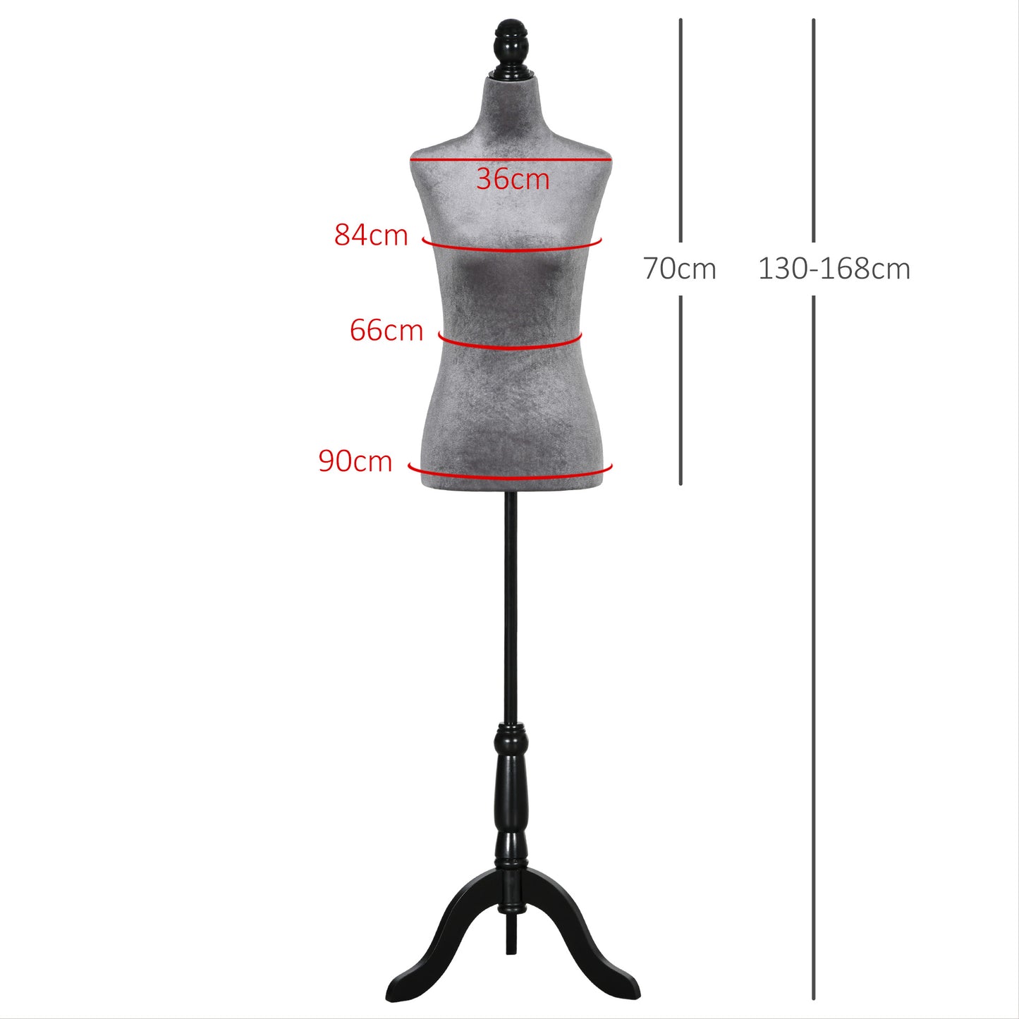 HOMCOM Maniquí de Costura Femenino Maniquí de Costura Ajustable a 130-168 cm con Trípode de Madera para Fotografía de Moda Exposición de Prendas Gris