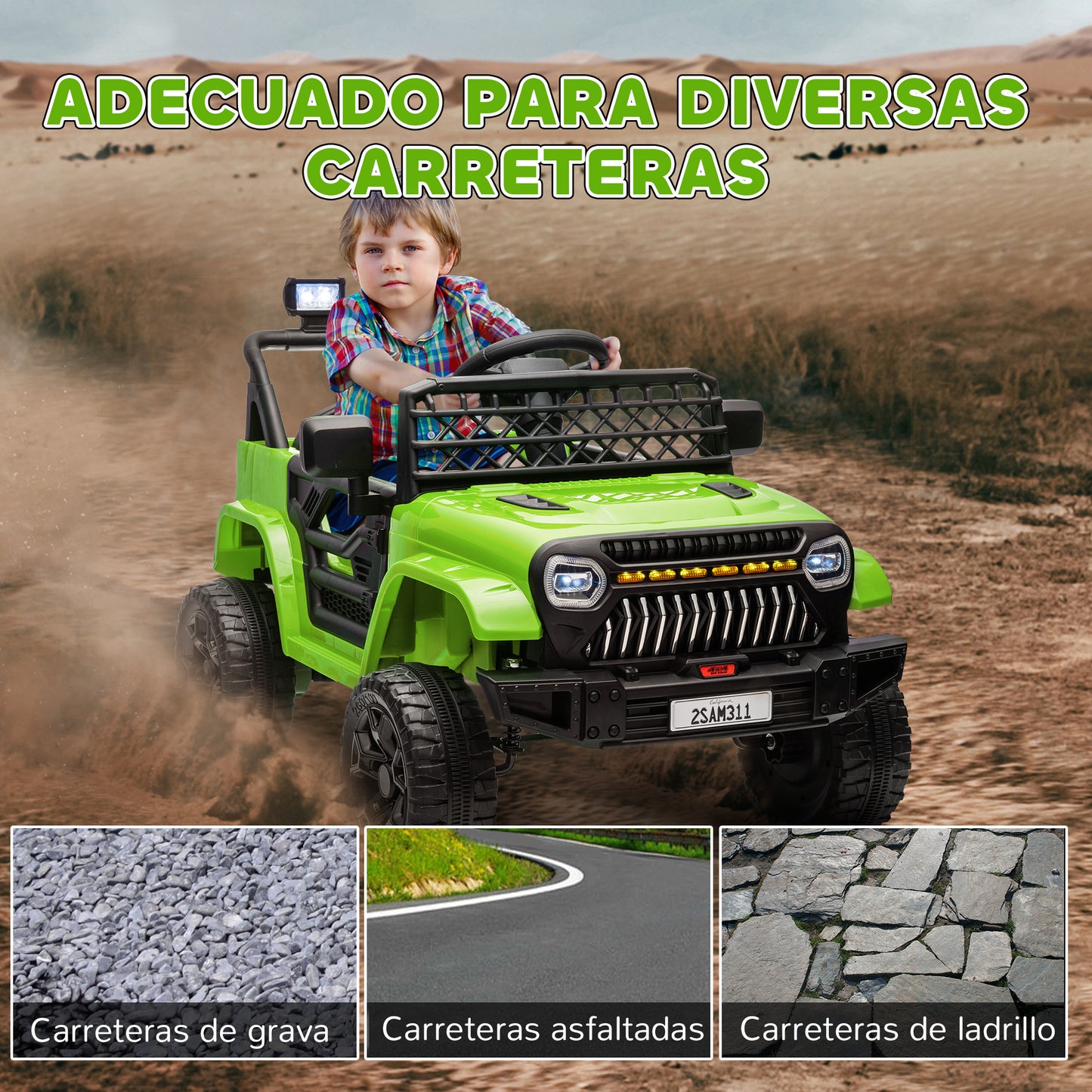 AIYAPLAY Coche Eléctrico para Niños de +3 Años Carro Eléctrico Infantil UTV Coche de Batería 12V con Mando a Distancia Velocidad Ajustable USB Faros Bocina Verde