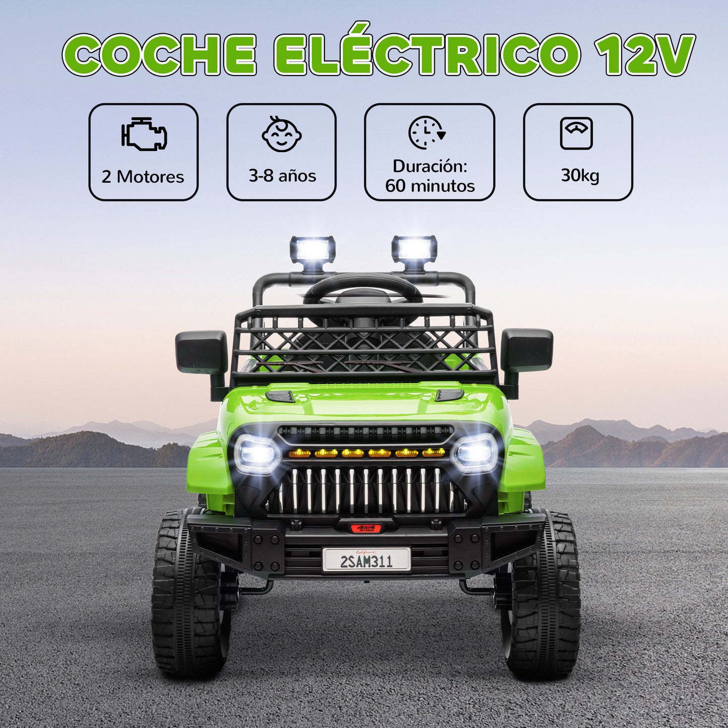 AIYAPLAY Coche Eléctrico para Niños de +3 Años Carro Eléctrico Infantil UTV Coche de Batería 12V con Mando a Distancia Velocidad Ajustable USB Faros Bocina Verde