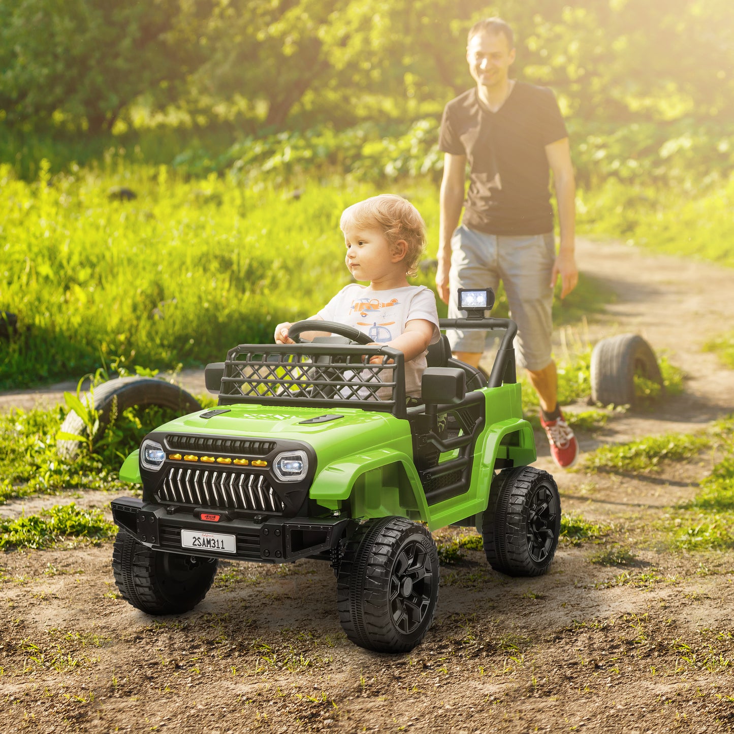 AIYAPLAY Coche Eléctrico para Niños de +3 Años Carro Eléctrico Infantil UTV Coche de Batería 12V con Mando a Distancia Velocidad Ajustable USB Faros Bocina Verde