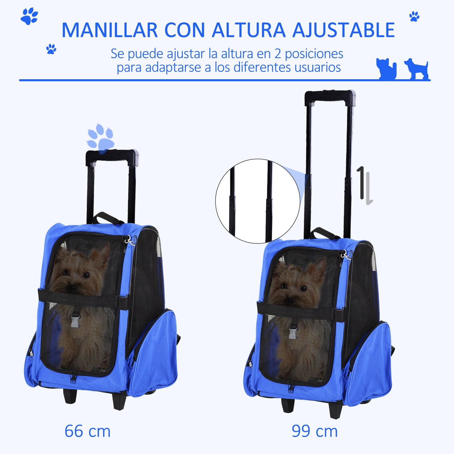 PawHut Transportín 2 en 1 para Mascotas Mochila o Carrito de Viaje para Perro y Gato con 2 Ruedas con Asa retráctil de Aluminio y Bolsillos 42x25x55 cm Azul